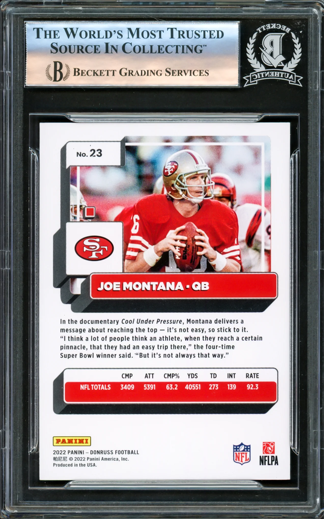 Joe Montana Autographed 2022 Donruss Card #23 San Francisco 49ers Beckett BAS Stock #221203 - Image 2
