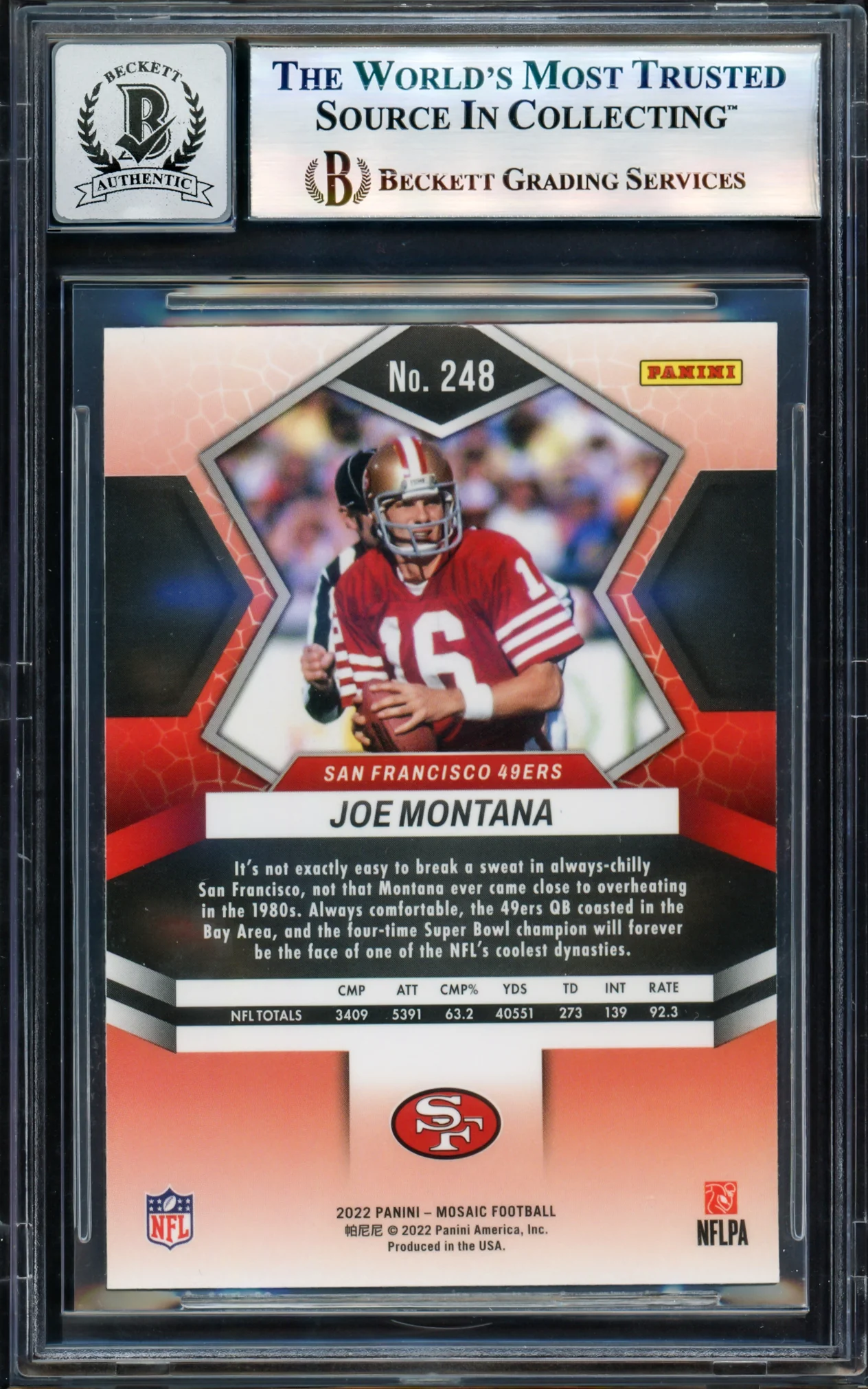 Joe Montana Autographed 2022 Panini Mosaic Card #248 San Francisco 49ers Auto Grade Gem Mint 10 Beckett BAS #17604748 - Image 2