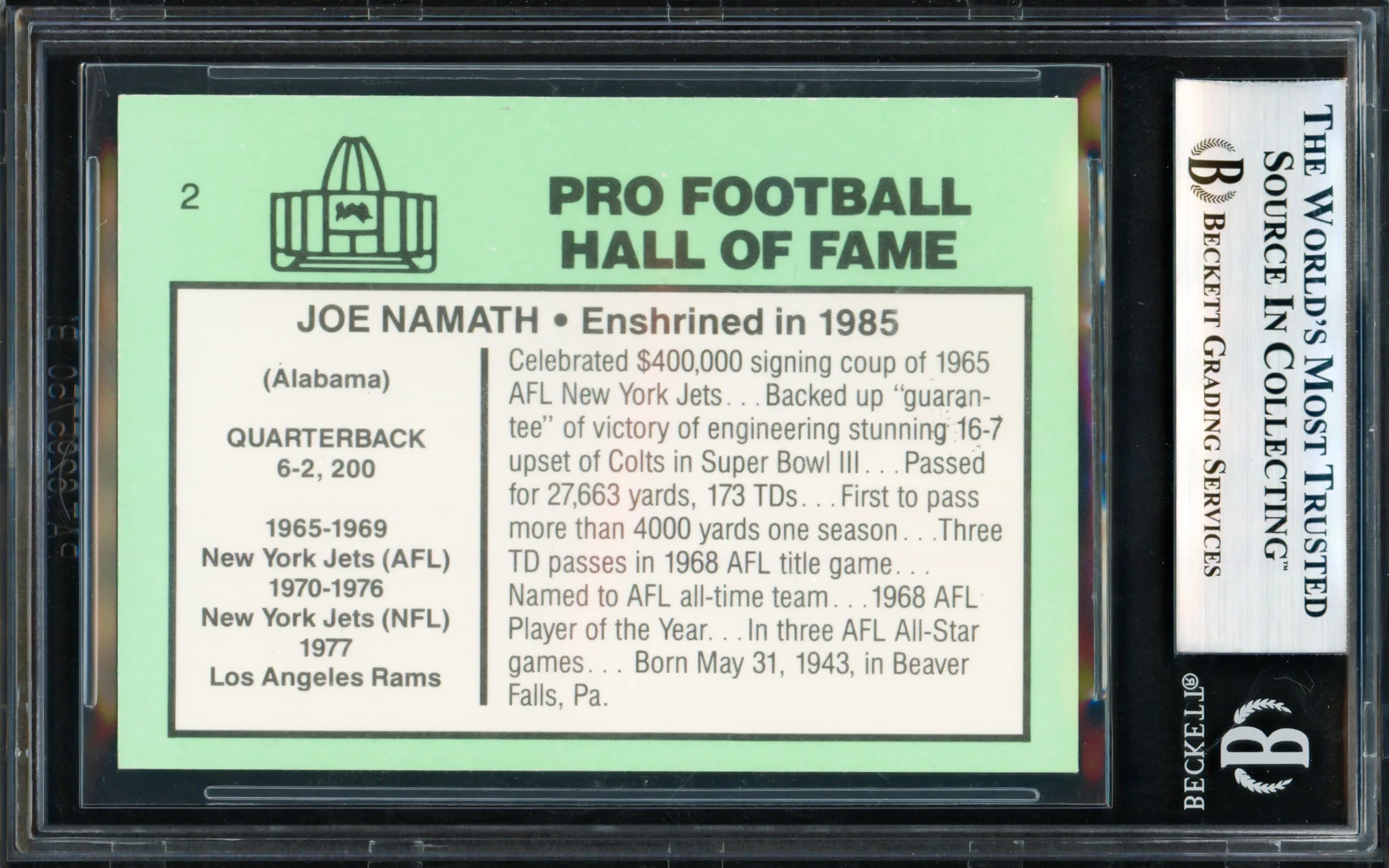 Joe Namath Autographed 1985 Football Immortals Card #2 New York Jets Beckett BAS #18280762 - Image 2