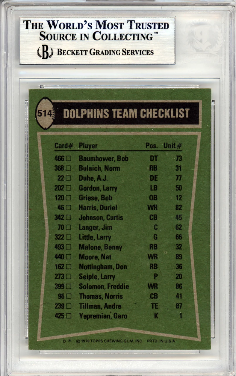 Joe Robbie Autographed 1978 Topps Card #514 Miami Dolphins Team Owner Beckett BAS #10379052 - Image 2