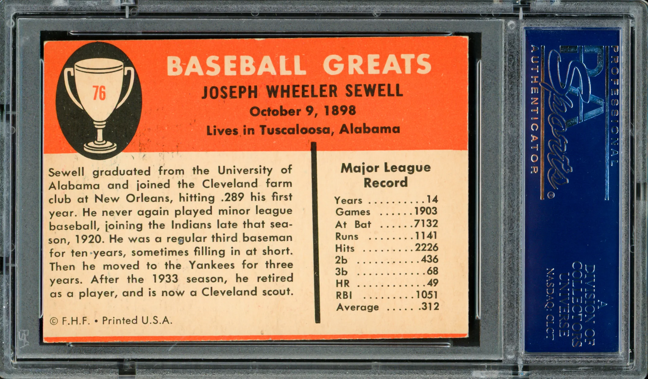 Joe Sewell Autographed 1961 Fleer Card #76 New York Yankees PSA/DNA #83312487 - Image 2