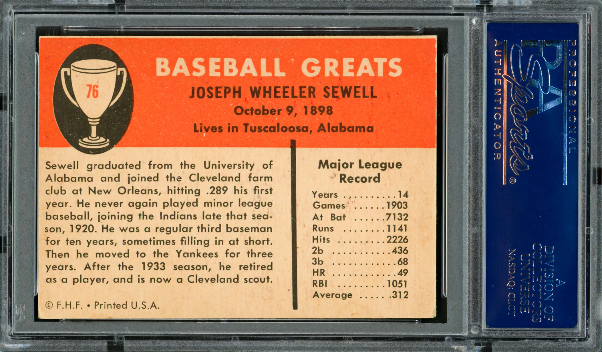 Joe Sewell Autographed 1961 Fleer Card #76 New York Yankees PSA/DNA #83312488 - Image 2