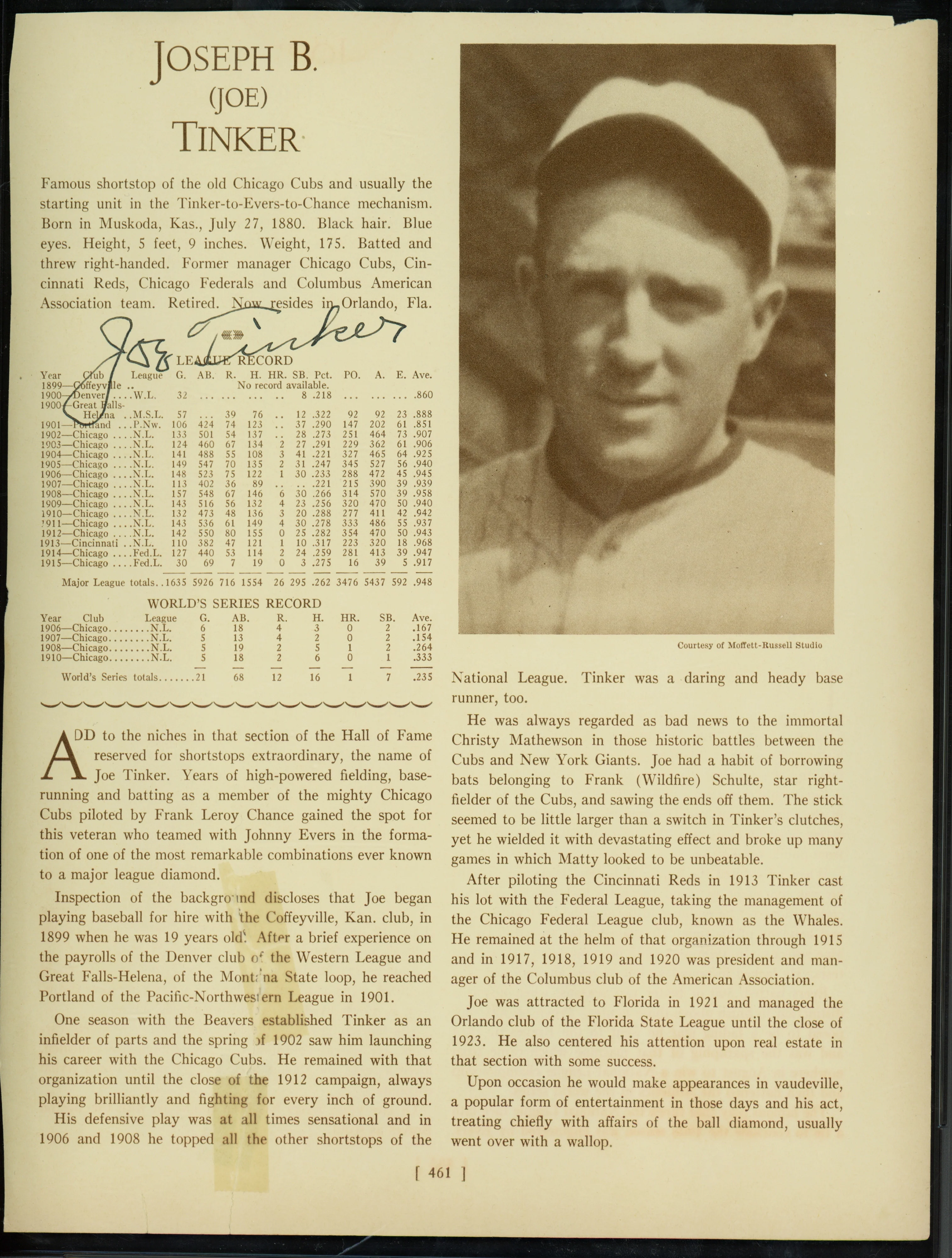 Joe Tinker Autographed 8.5x11 Magazine Page Chicago Cubs Auto Grade Gem Mint 10 PSA/DNA #85433069 - Image 2