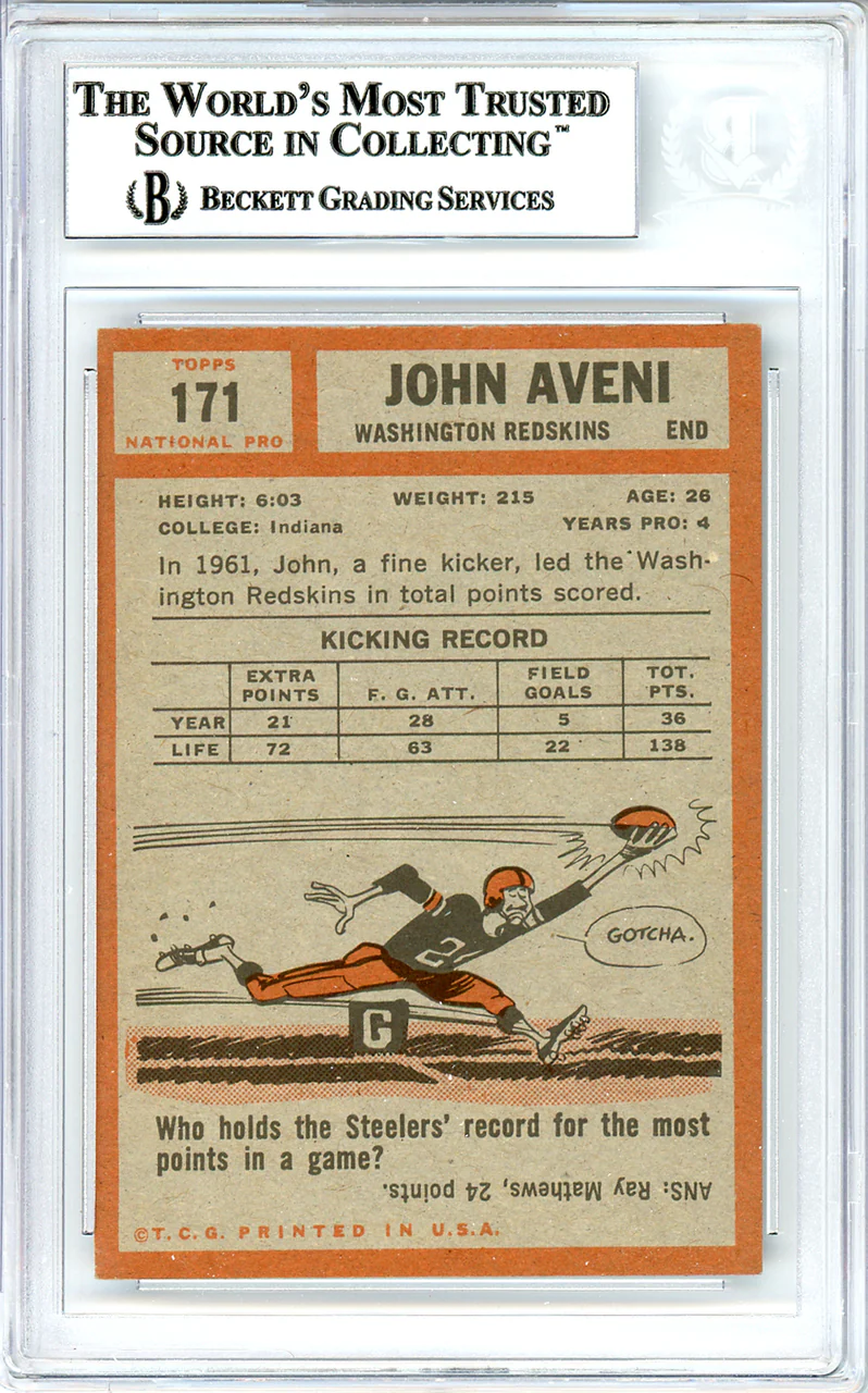 John Aveni Autographed 1962 Topps Rookie Card #171 Washington Redskins Beckett BAS #10736631 - Image 2