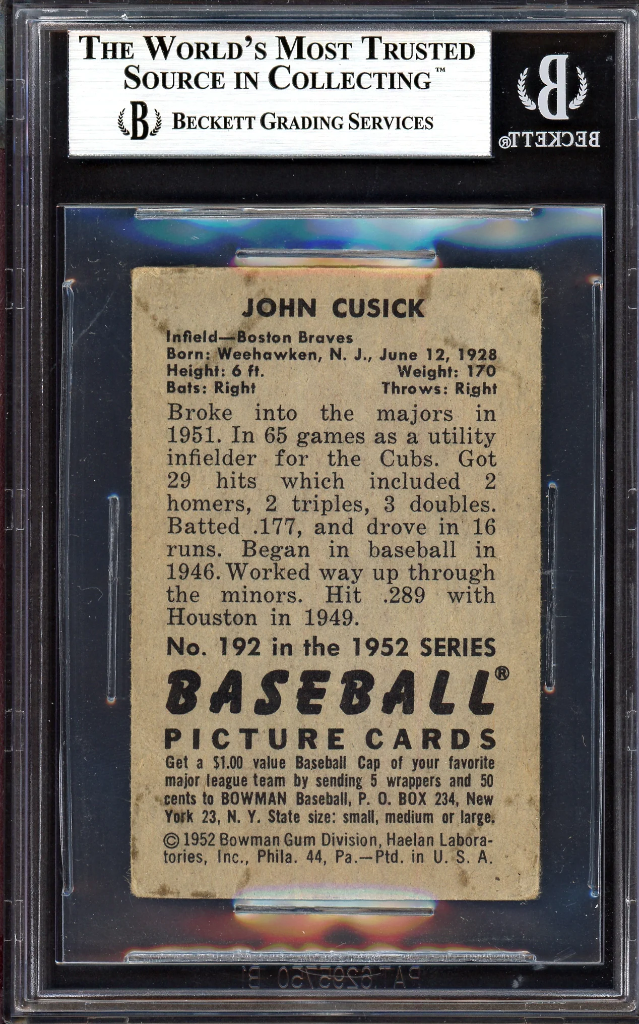 John Cusick Autographed 1952 Bowman Card #192 Boston Braves Beckett BAS #13608020 - Image 2