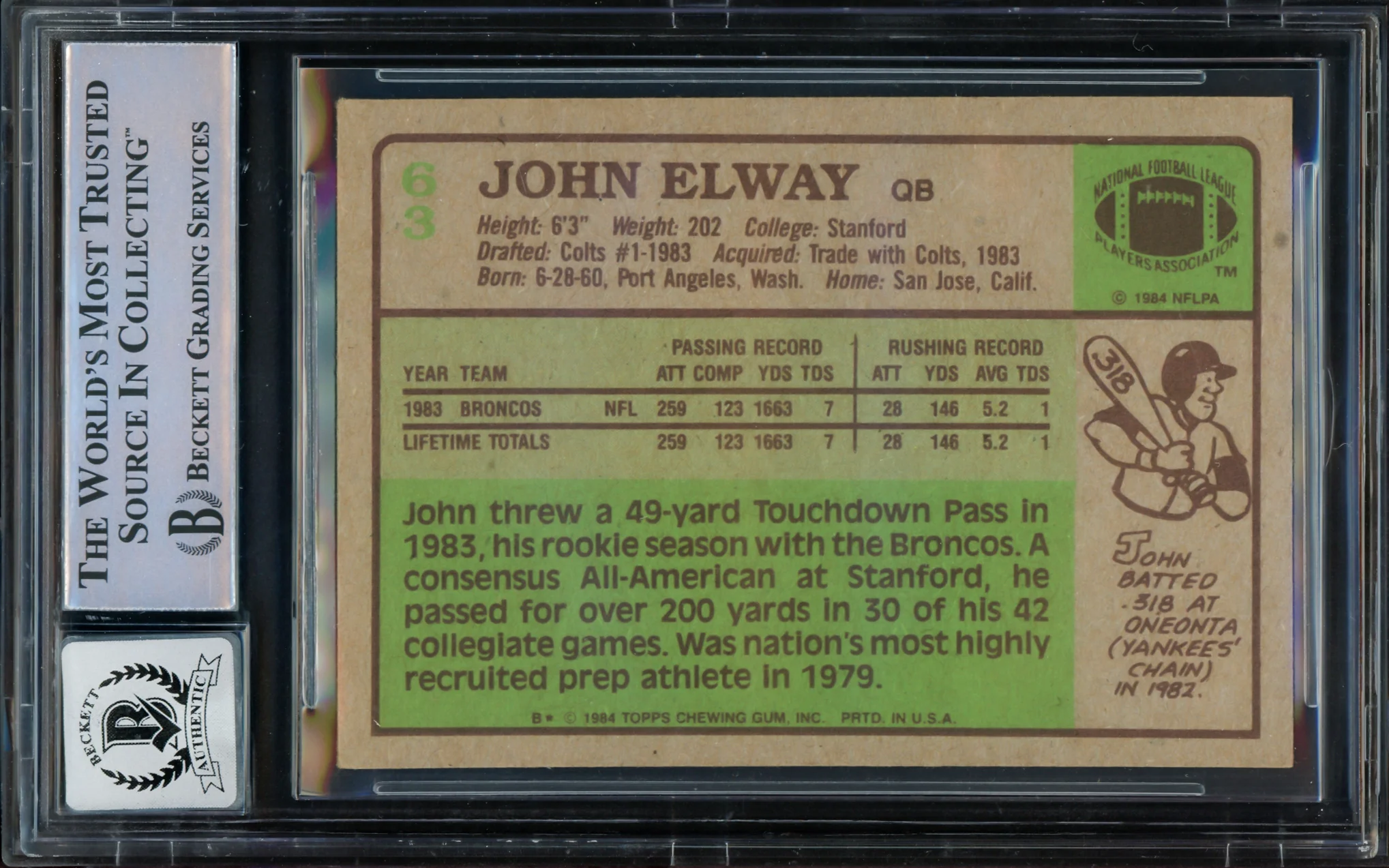John Elway Autographed 1984 Topps Rookie Card #63 Denver Broncos Auto Grade Gem Mint 10 Beckett BAS #16167943 - Image 2