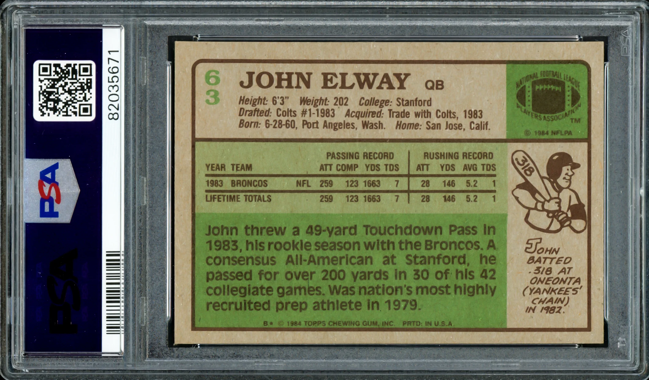 John Elway Autographed 1984 Topps Rookie Card #63 Denver Broncos PSA 5 Auto Grade Gem Mint 10 PSA/DNA #82035671 - Image 2