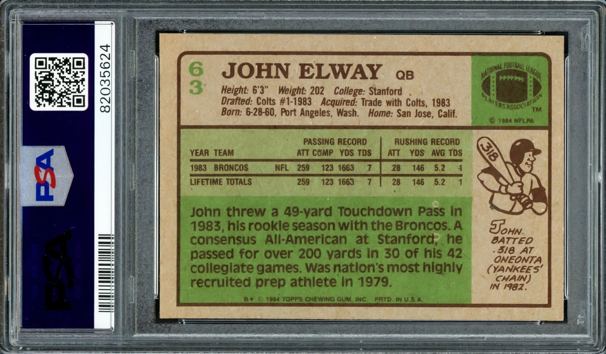 John Elway Autographed 1984 Topps Rookie Card #63 Denver Broncos PSA 6 Auto Grade Gem Mint 10 PSA/DNA #82035624 - Image 2