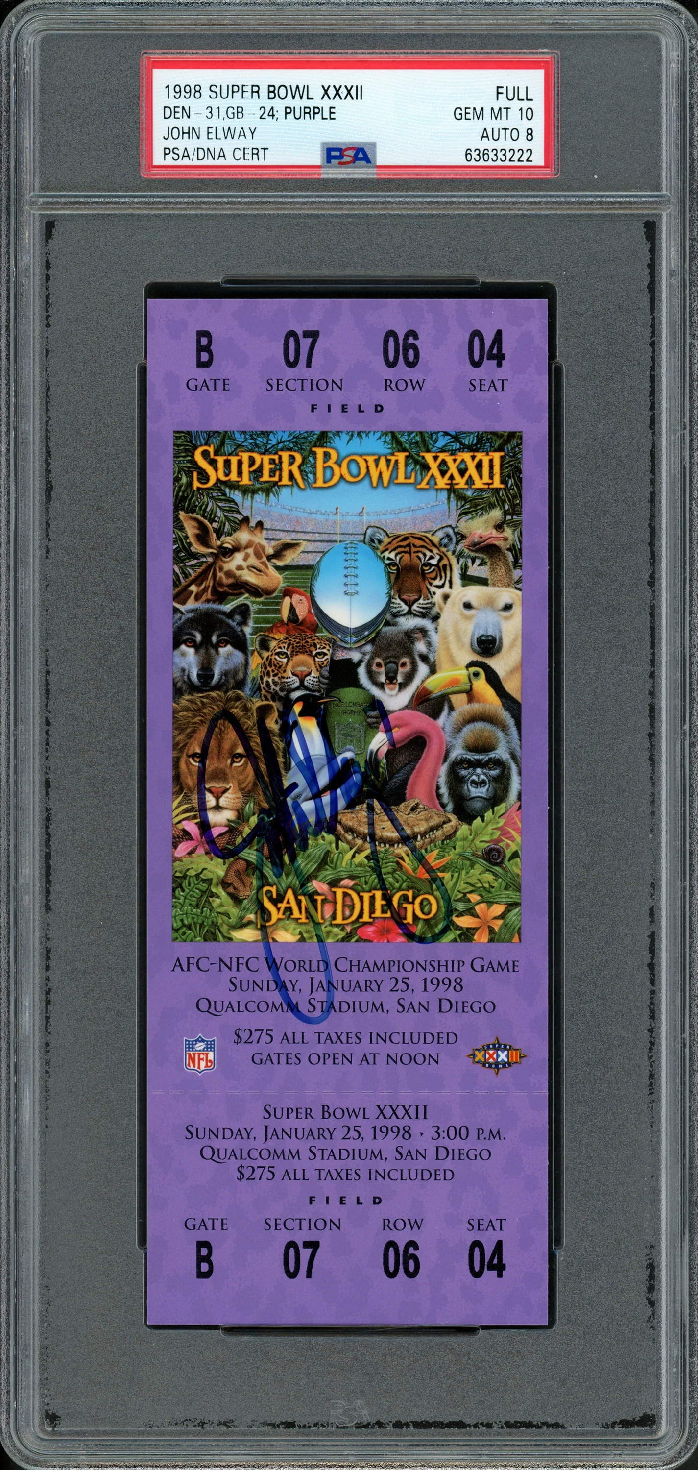 John Elway Autographed 1998 Super Bowl XXXII Ticket Denver Broncos PSA 10 Auto Grade Near Mint/Mint 8 PSA/DNA Stock #262027
