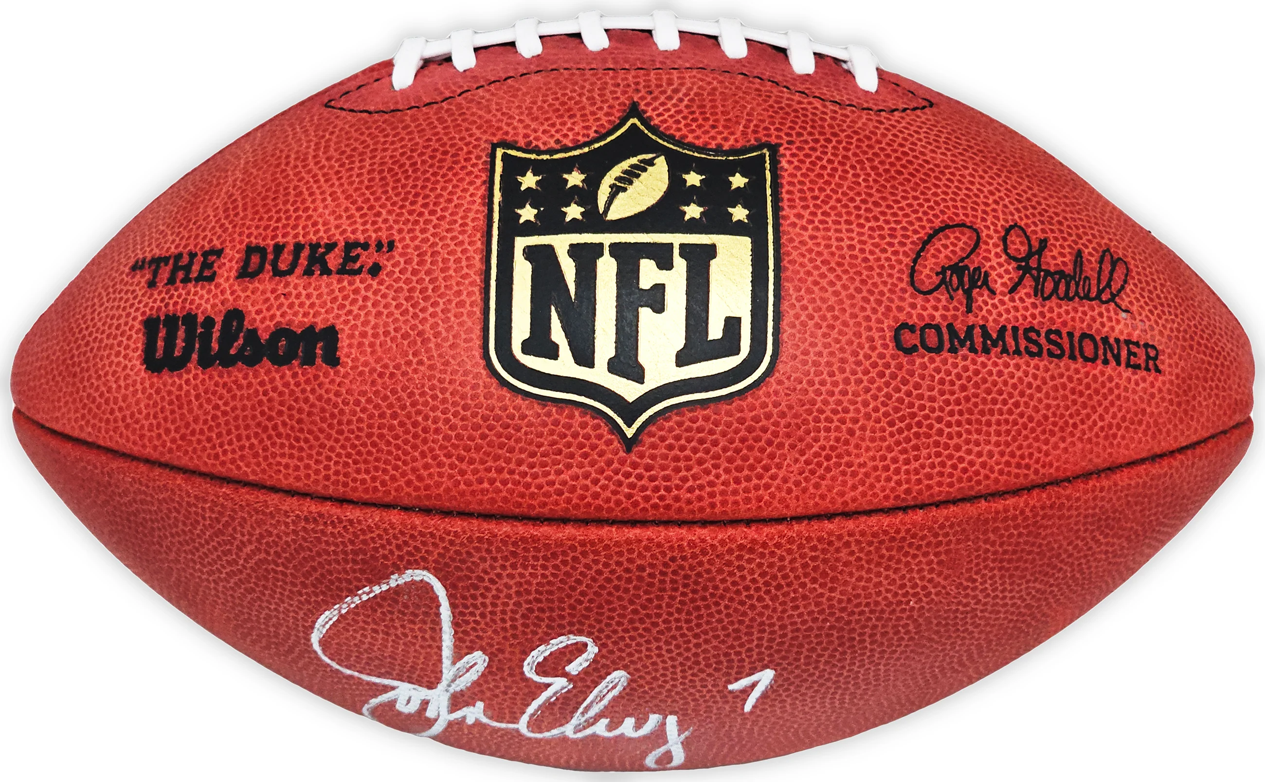 John Elway Autographed Official Leather Gold Shield Football Denver Broncos Beckett BAS Witness Stock #220365 - Image 4