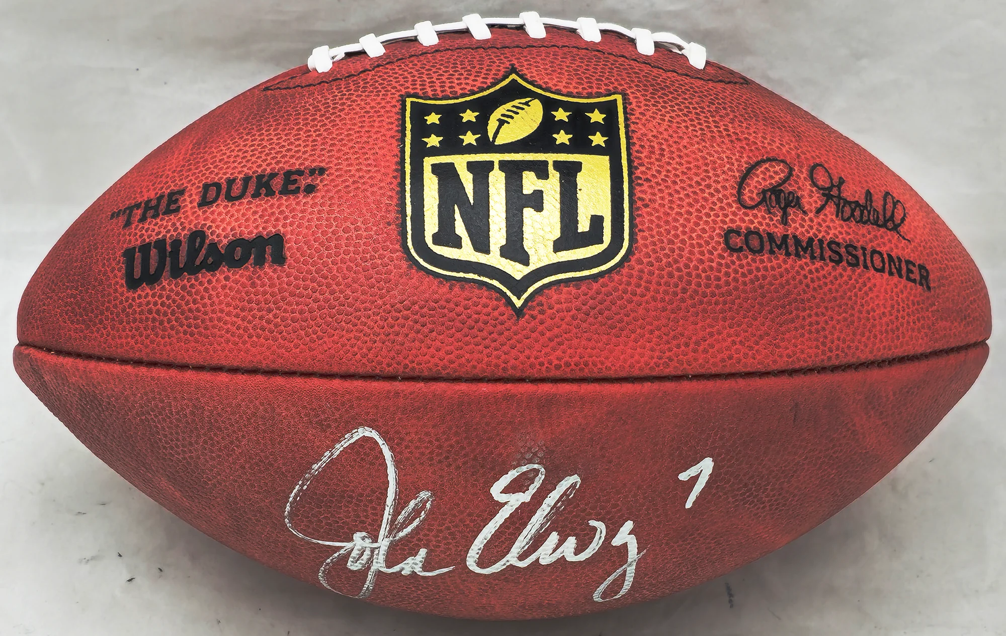 John Elway Autographed Official NFL Leather Colored Gold Shield Football Denver Broncos Beckett BAS Witness #W609022 - Image 3