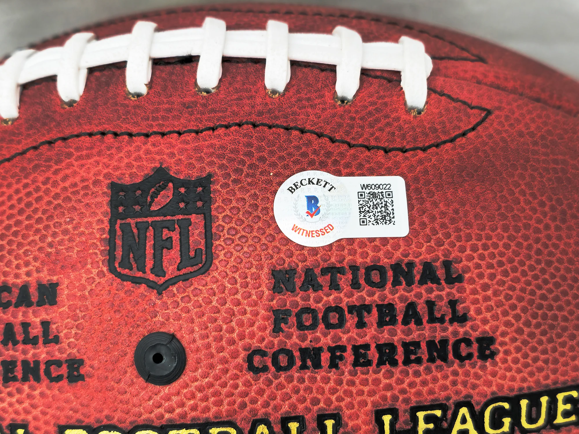 John Elway Autographed Official NFL Leather Colored Gold Shield Football Denver Broncos Beckett BAS Witness #W609022 - Image 5