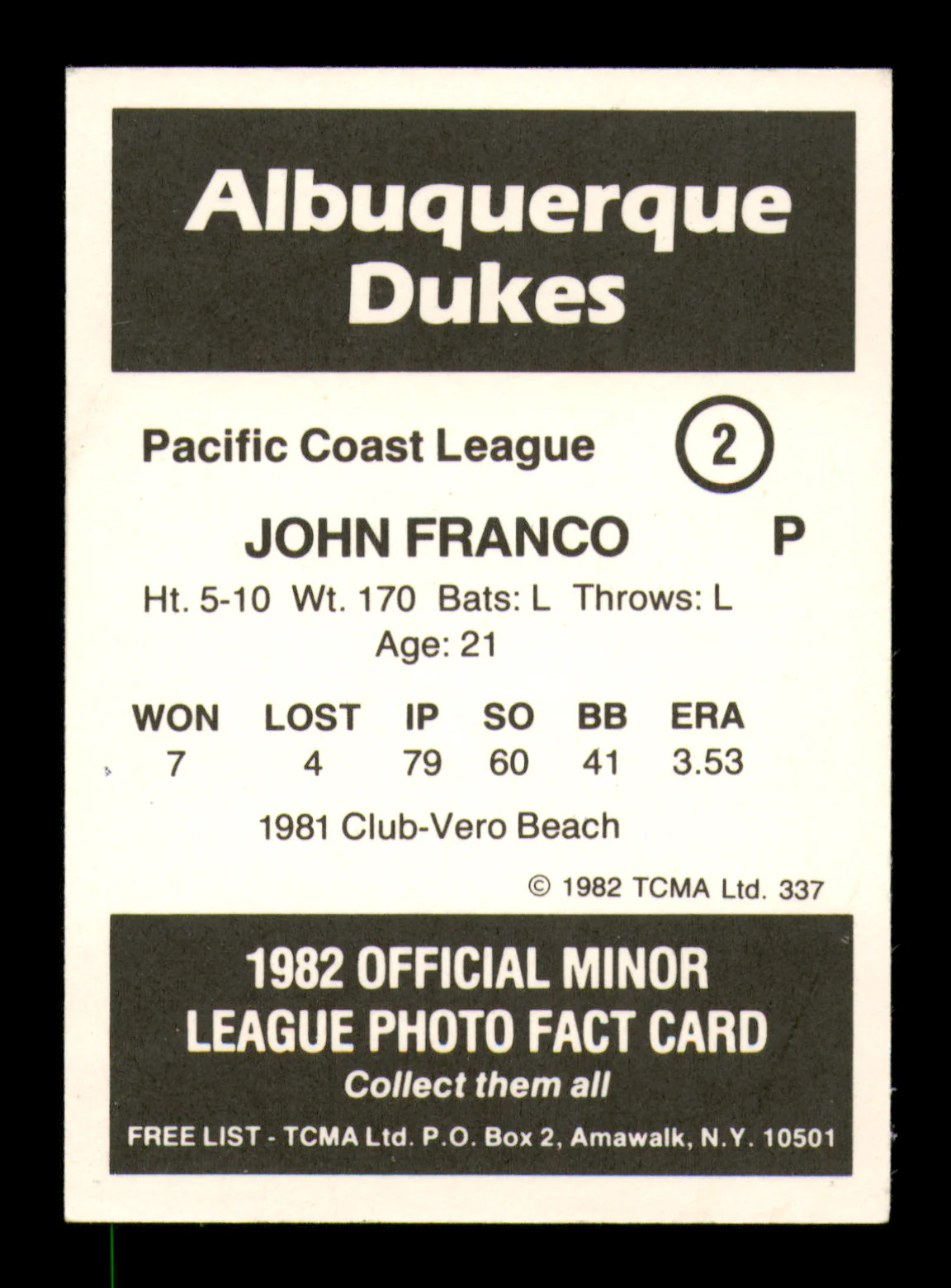 John Franco Autographed 1982 TCMA Rookie Card #2 Albuquerque Dukes SKU #248456 - Image 2