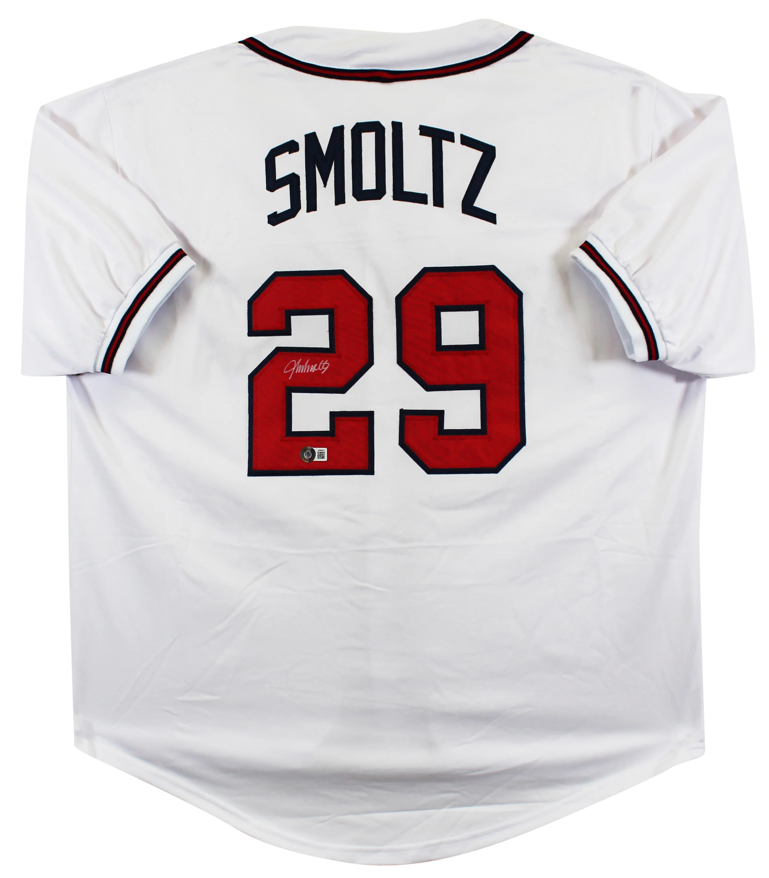 John Smoltz Authentic Signed White Pro Style Jersey w/ Silver Sig BAS Witnessed - Image 2