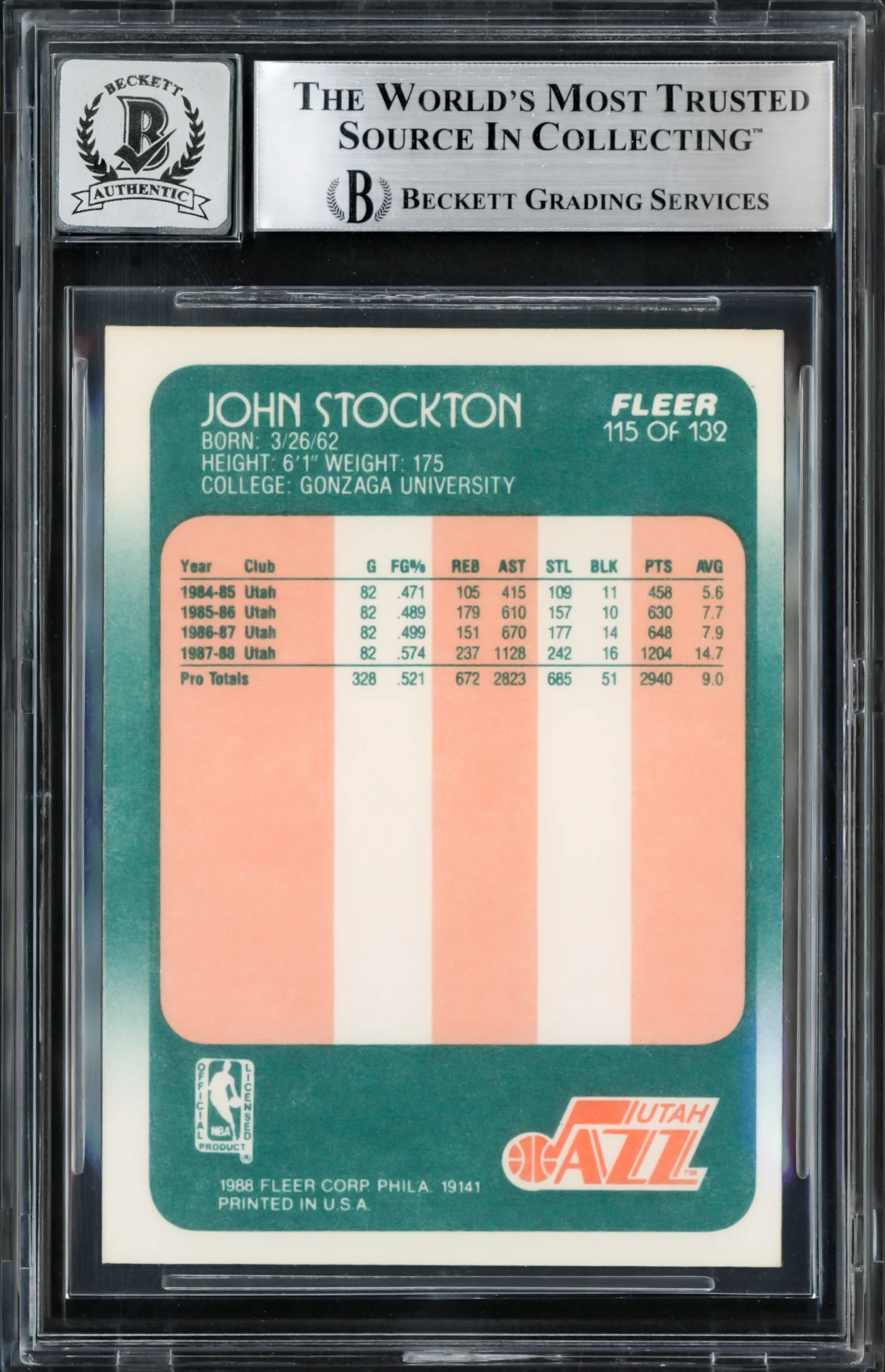 John Stockton Autographed 1988-89 Fleer Rookie Card #115 Utah Jazz Auto Grade Gem Mint 10 Beckett BAS Stock #232721 - Image 2
