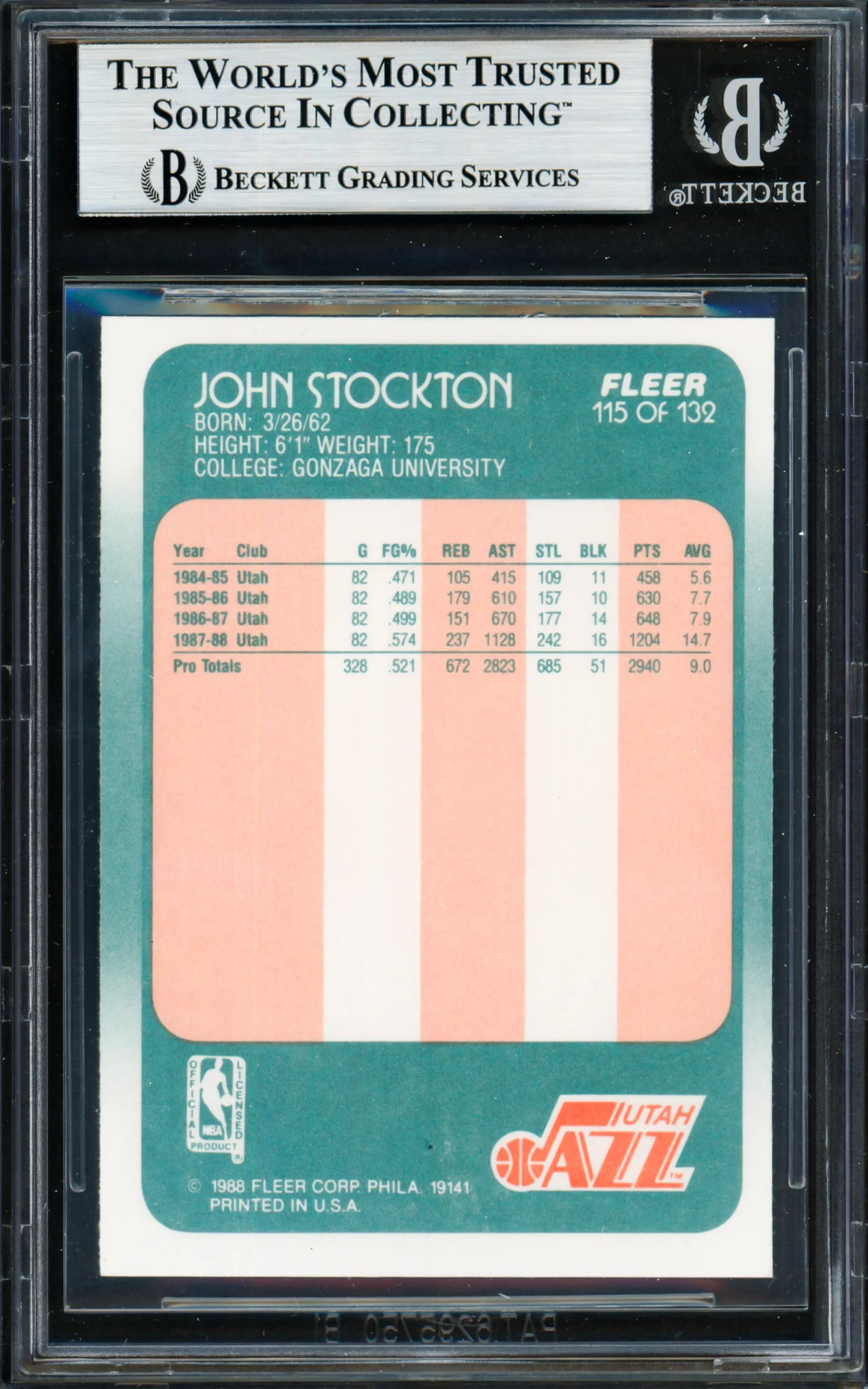 John Stockton Autographed 1988-89 Fleer Rookie Card #115 Utah Jazz Beckett BAS #19213095 - Image 2