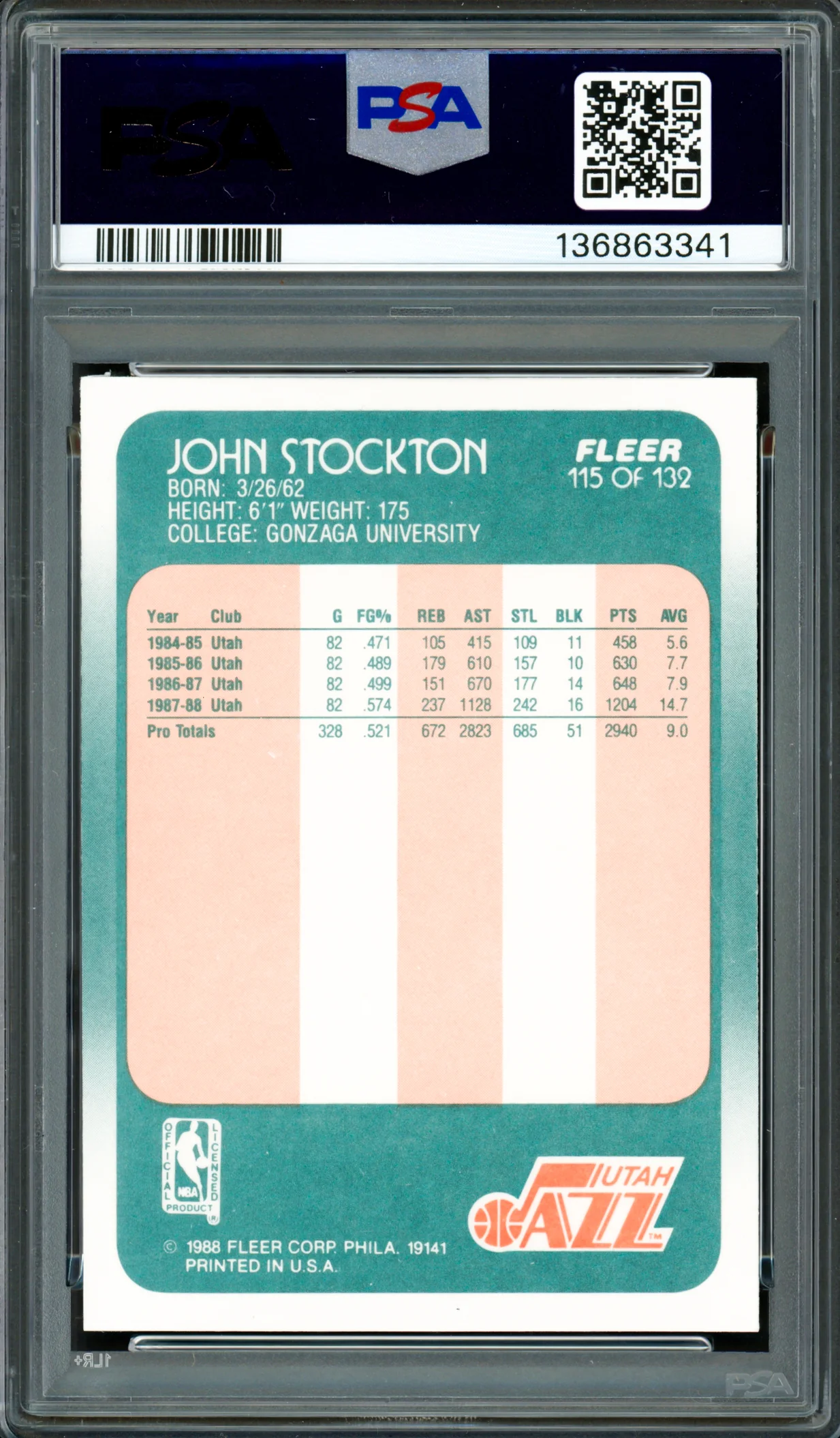 John Stockton Autographed 1988-89 Fleer Rookie Card #115 Utah Jazz PSA 7 Auto Grade Gem Mint 10 PSA/DNA #136863341 - Image 2