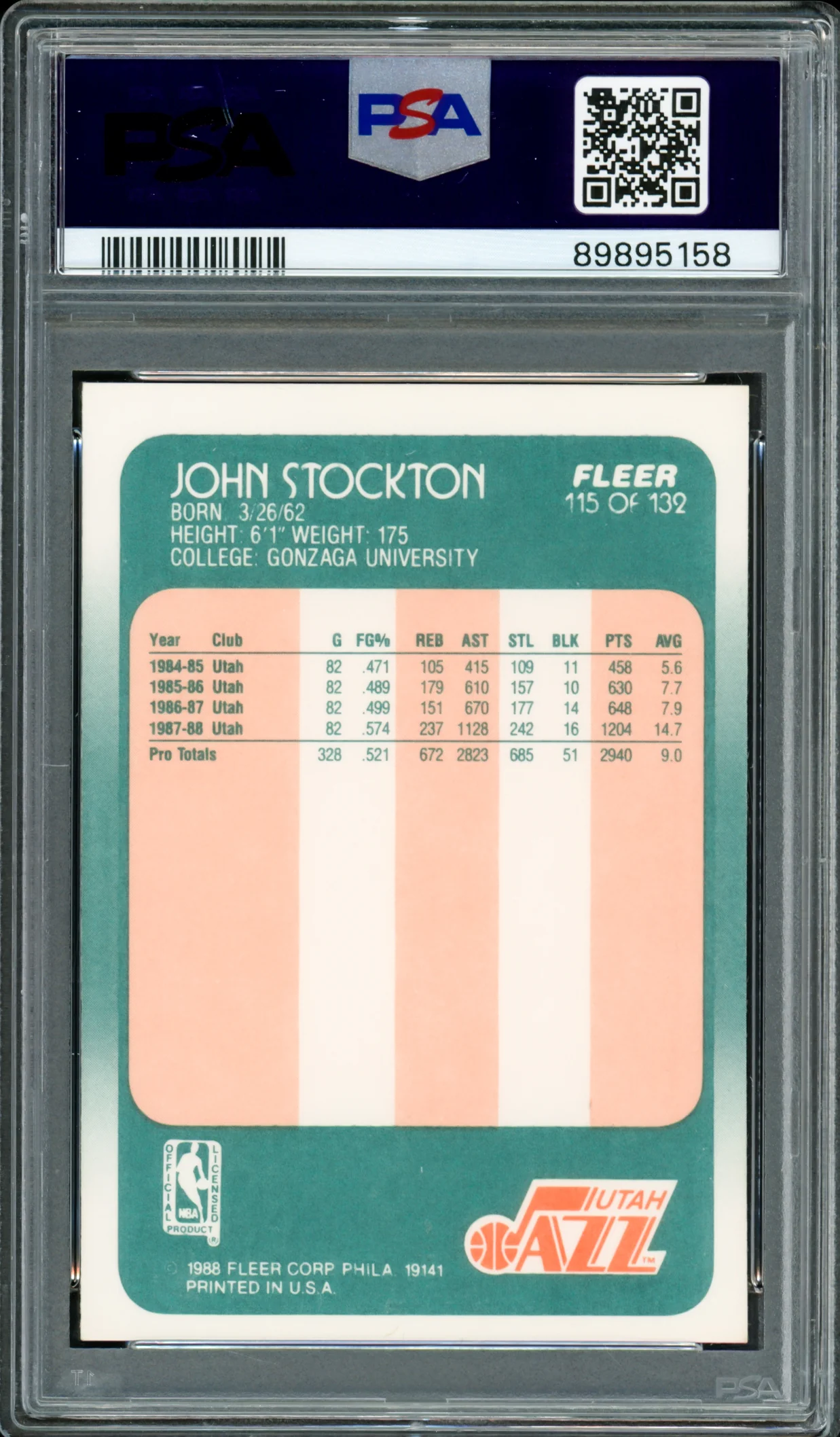 John Stockton Autographed 1988-89 Fleer Rookie Card #115 Utah Jazz PSA 8 Auto Grade Gem Mint 10 PSA/DNA #89895158 - Image 2