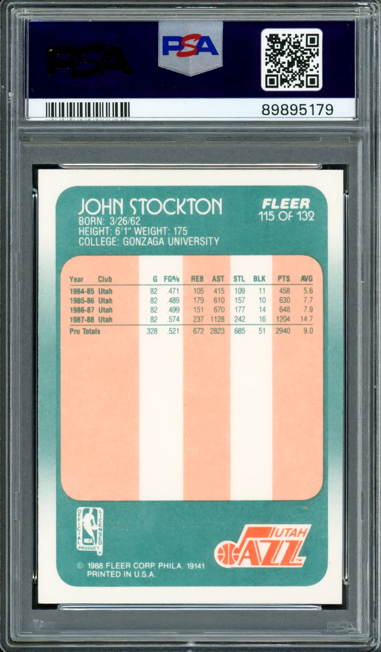 John Stockton Autographed 1988-89 Fleer Rookie Card #115 Utah Jazz PSA 8 Auto Grade Mint 9 PSA/DNA #89895179 - Image 2