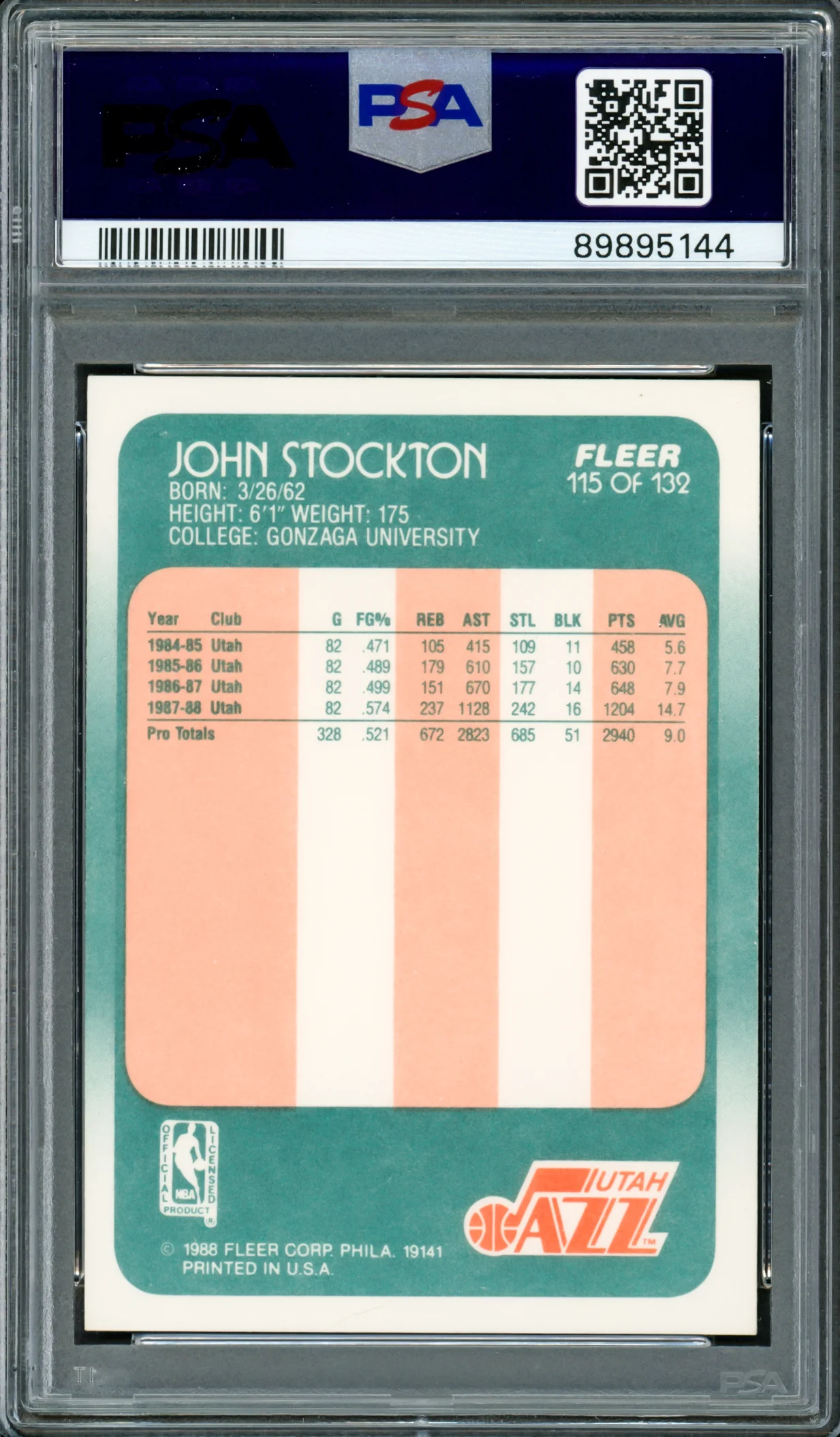 John Stockton Autographed 1988-89 Fleer Rookie Card #115 Utah Jazz PSA 9 Auto Grade Gem Mint 10 PSA/DNA #89895144 - Image 2