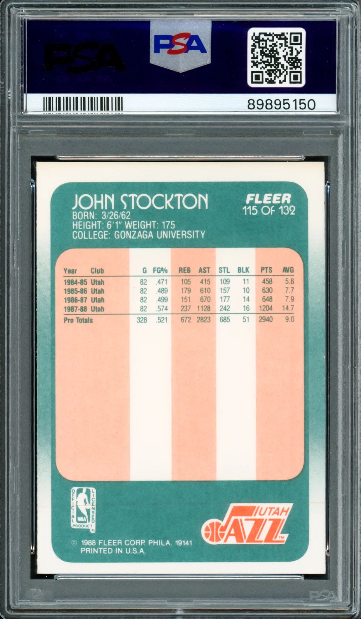 John Stockton Autographed 1988-89 Fleer Rookie Card #115 Utah Jazz PSA 9 Auto Grade Gem Mint 10 PSA/DNA #89895150 - Image 2