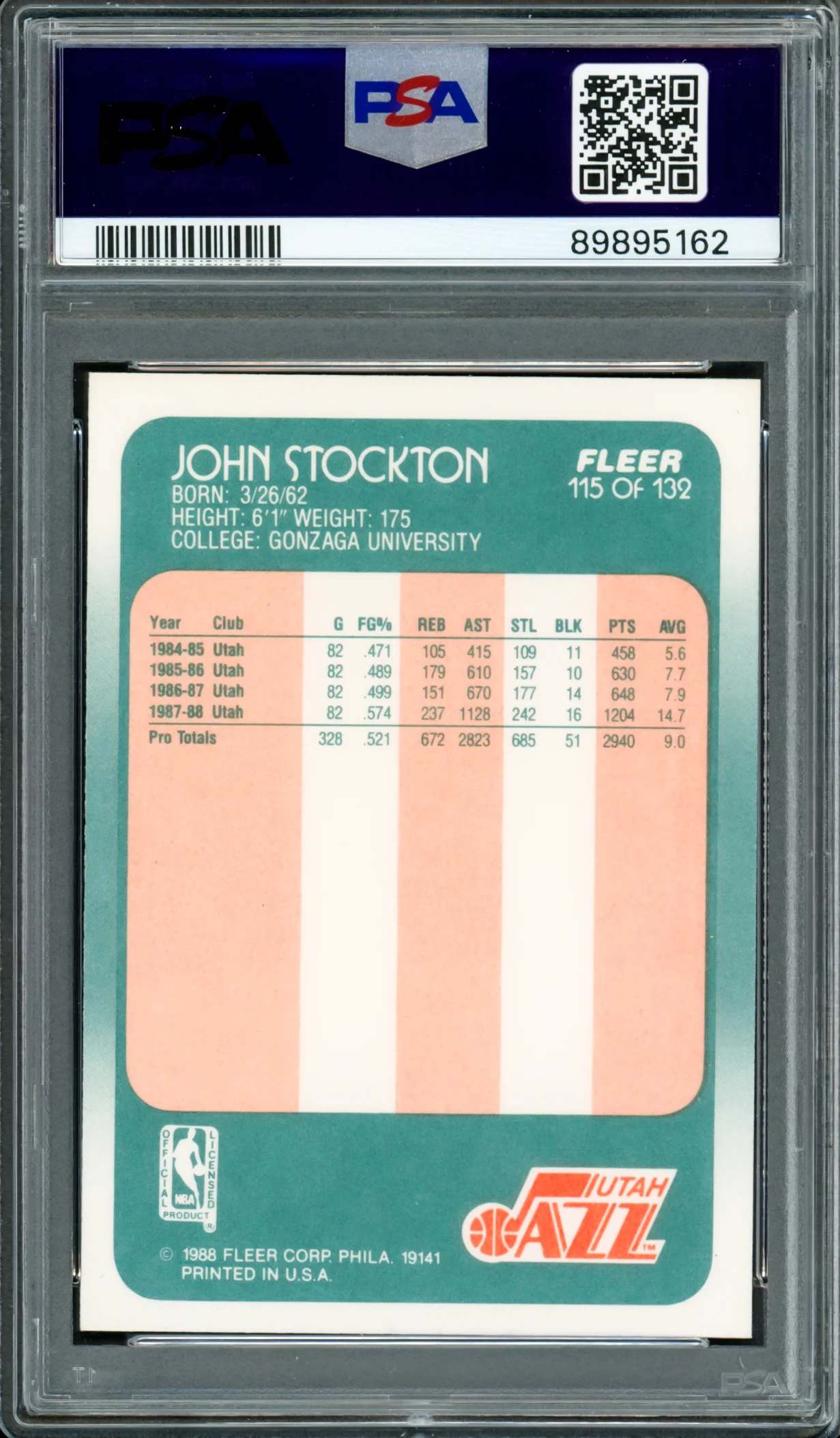 John Stockton Autographed 1988-89 Fleer Rookie Card #115 Utah Jazz PSA 9 Auto Grade Mint 9 PSA/DNA #89895162 - Image 2