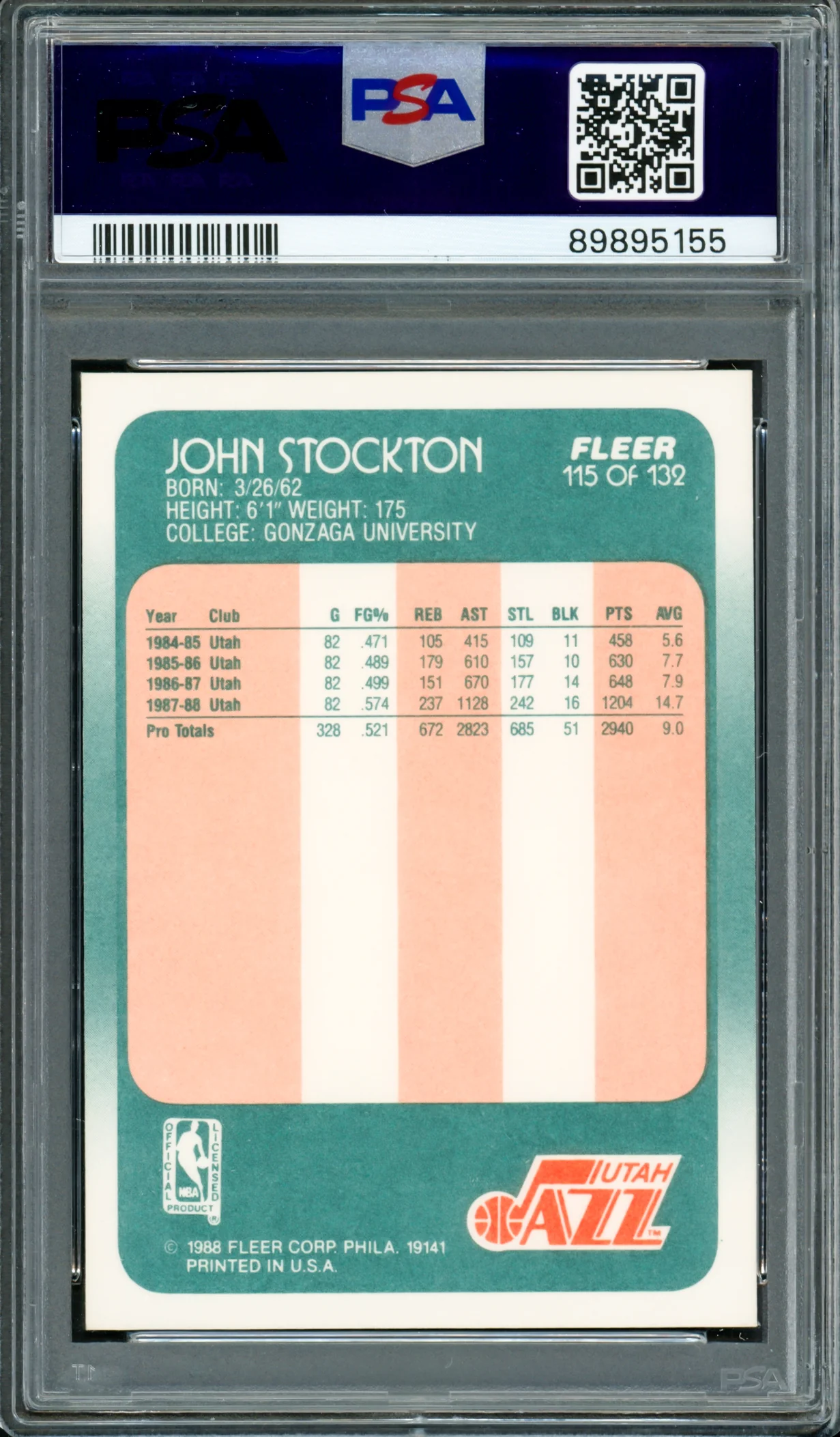 John Stockton Autographed 1988 Fleer Rookie Card #115 Utah Jazz PSA 8 Auto Grade Gem Mint 10 PSA/DNA #89895155 - Image 2