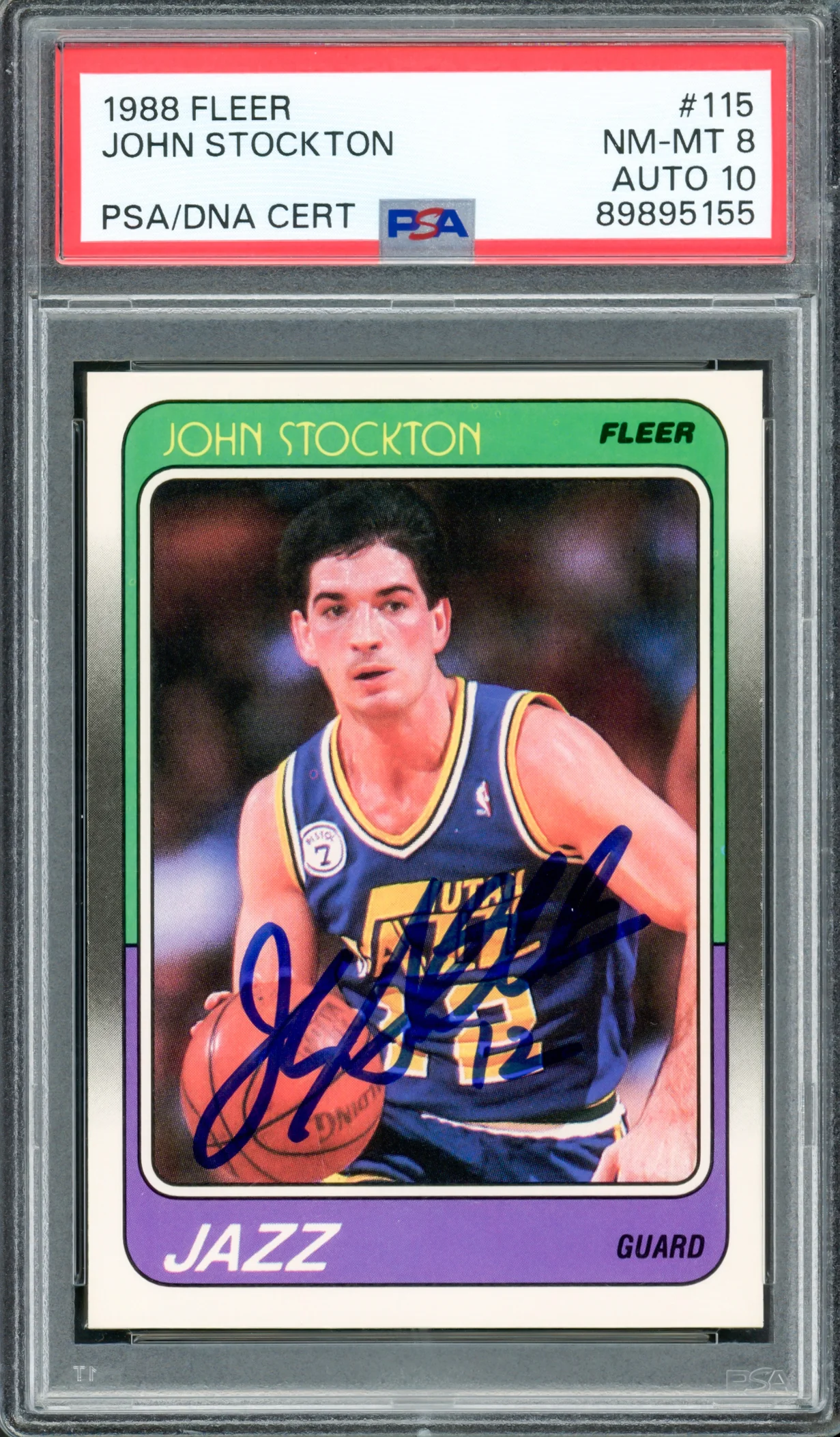 John Stockton Autographed 1988 Fleer Rookie Card #115 Utah Jazz PSA 8 Auto Grade Gem Mint 10 PSA/DNA #89895155 - Image 3