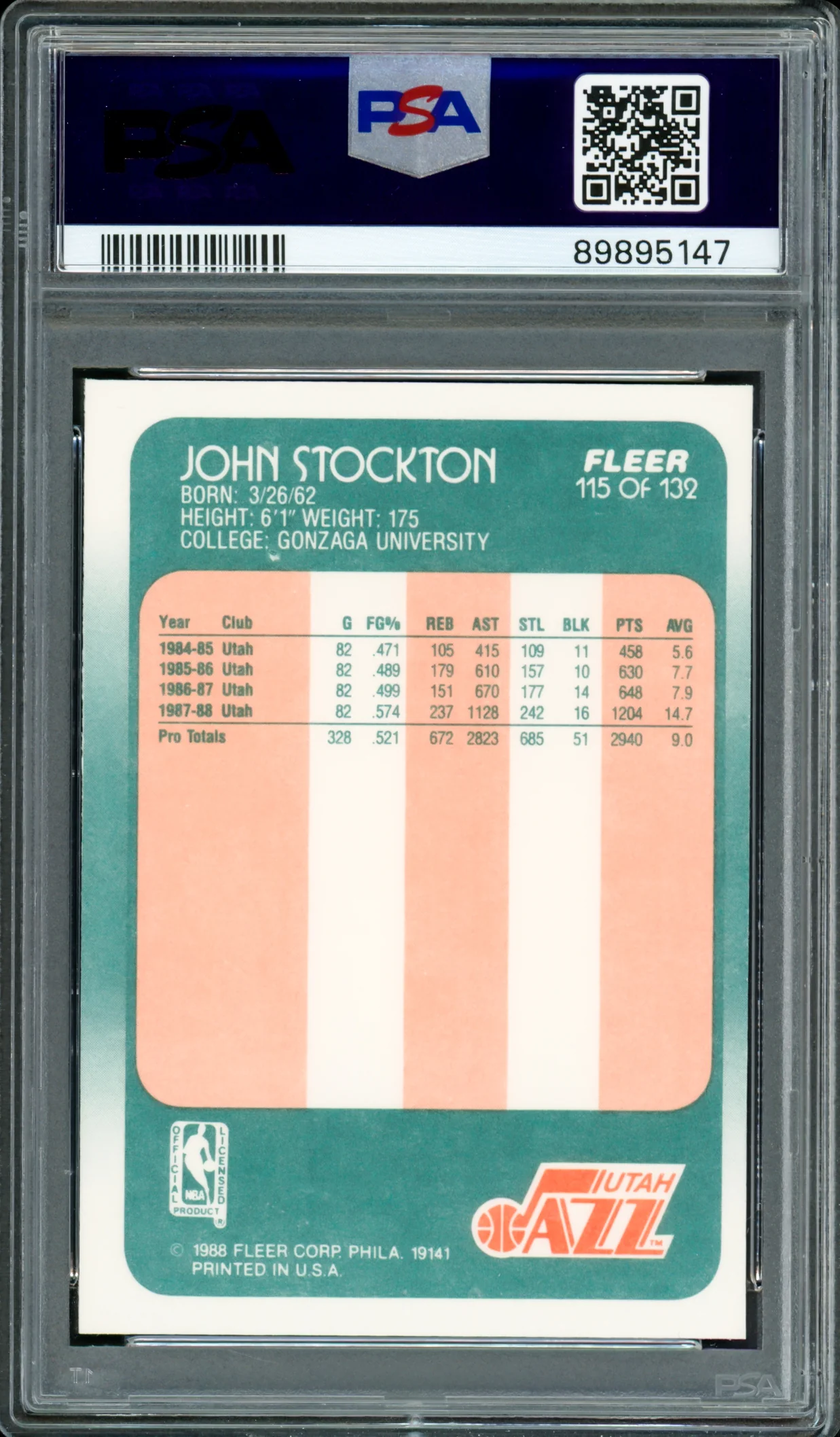 John Stockton Autographed 1988 Fleer Rookie Card #115 Utah Jazz PSA 9 Auto Grade Gem Mint 10 PSA/DNA #89895147 - Image 2