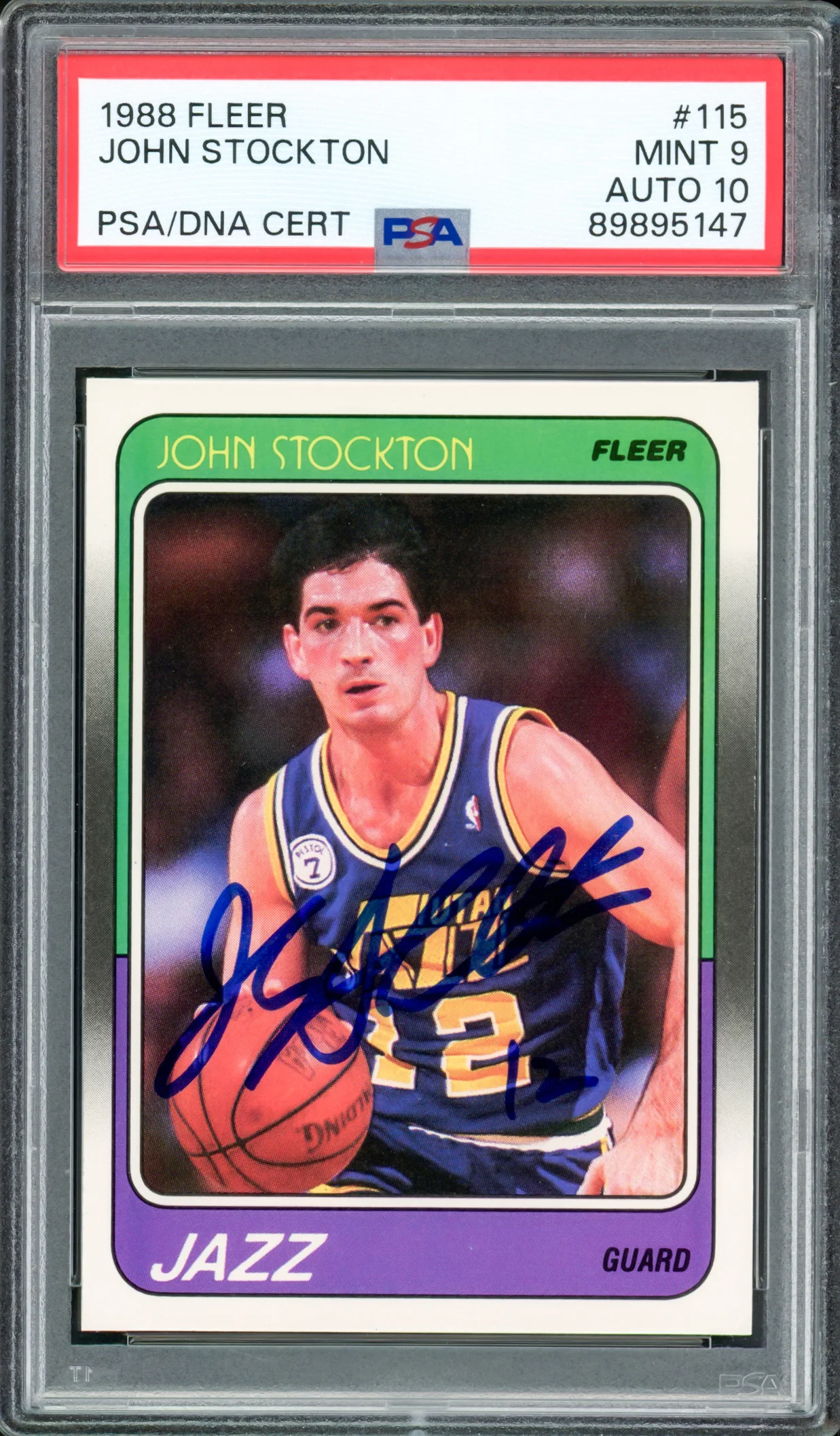 John Stockton Autographed 1988 Fleer Rookie Card #115 Utah Jazz PSA 9 Auto Grade Gem Mint 10 PSA/DNA #89895147 - Image 3