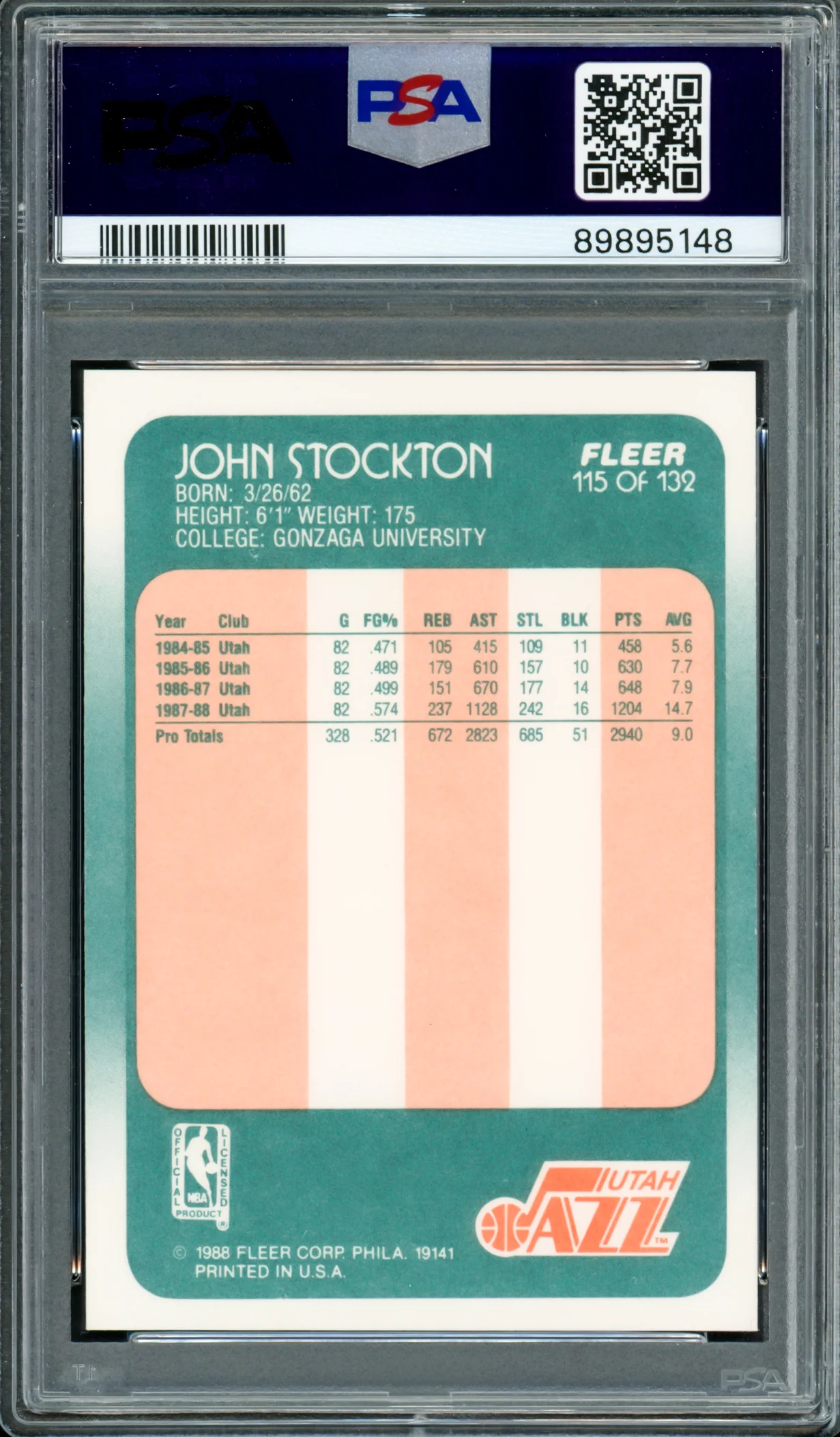 John Stockton Autographed 1988 Fleer Rookie Card #115 Utah Jazz PSA 9 Auto Grade Gem Mint 10 PSA/DNA #89895148 - Image 2