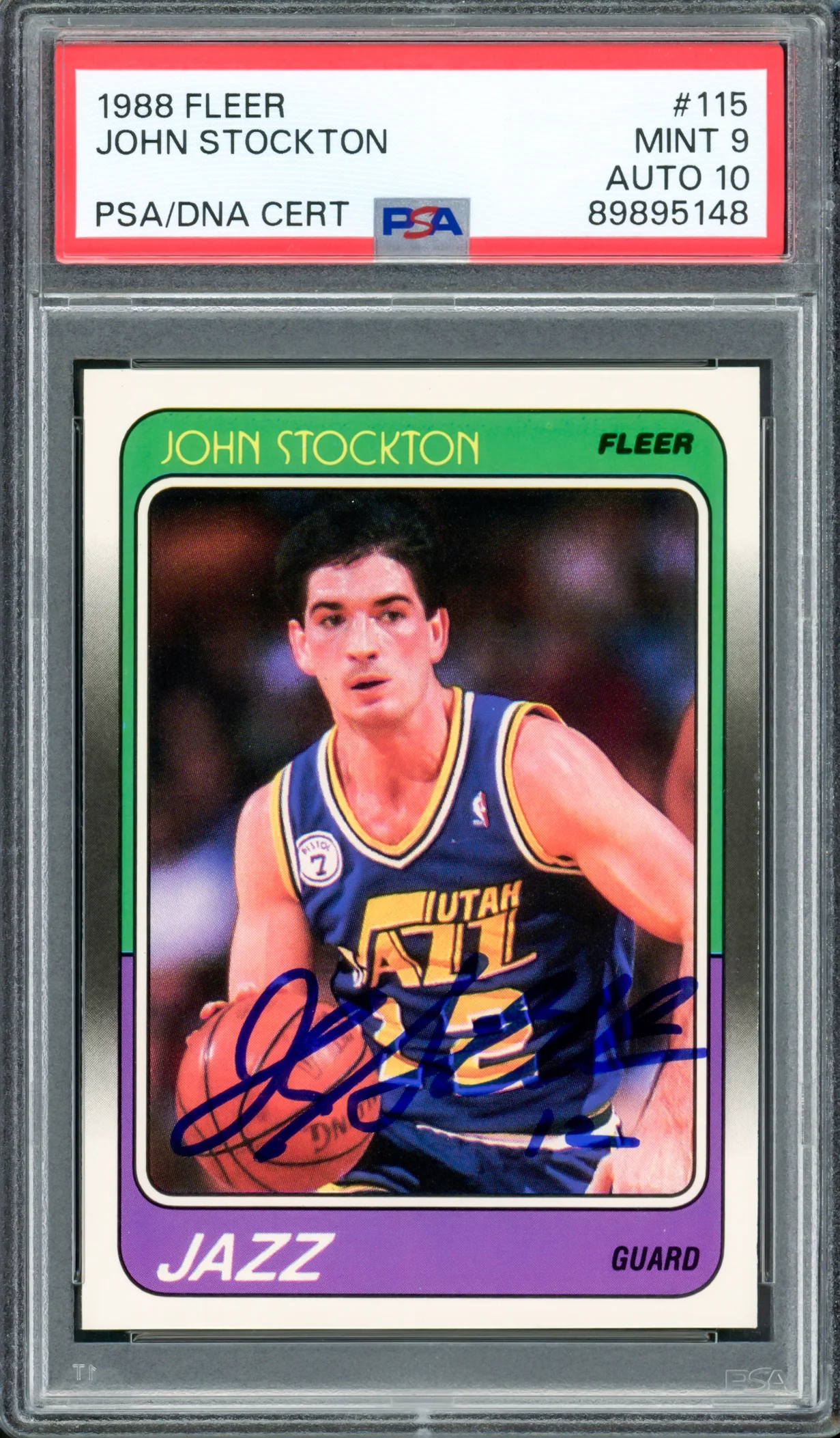 John Stockton Autographed 1988 Fleer Rookie Card #115 Utah Jazz PSA 9 Auto Grade Gem Mint 10 PSA/DNA #89895148 - Image 3