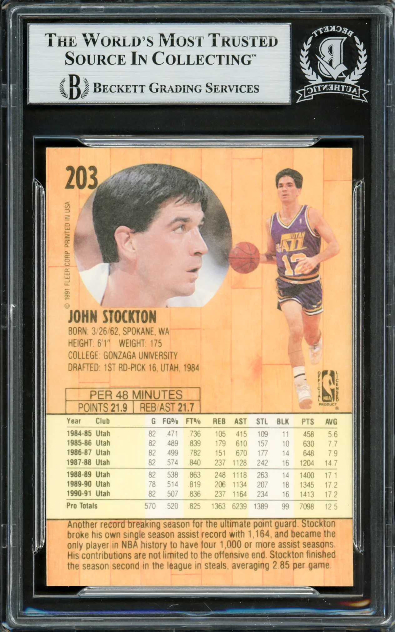 John Stockton Autographed 1991-92 Fleer Card #203 Utah Jazz Beckett BAS #16705022 - Image 2