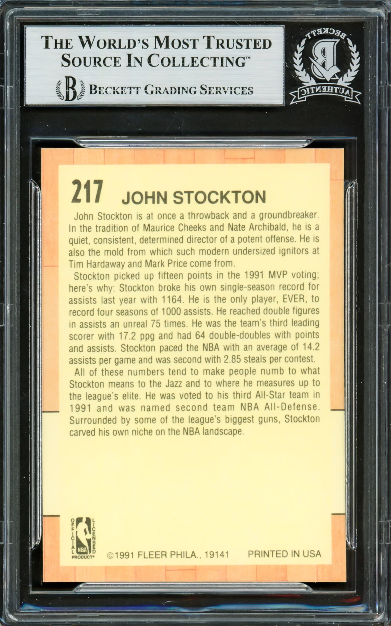 John Stockton Autographed 1991-92 Fleer Card #217 Utah Jazz Beckett BAS #16705025 - Image 2