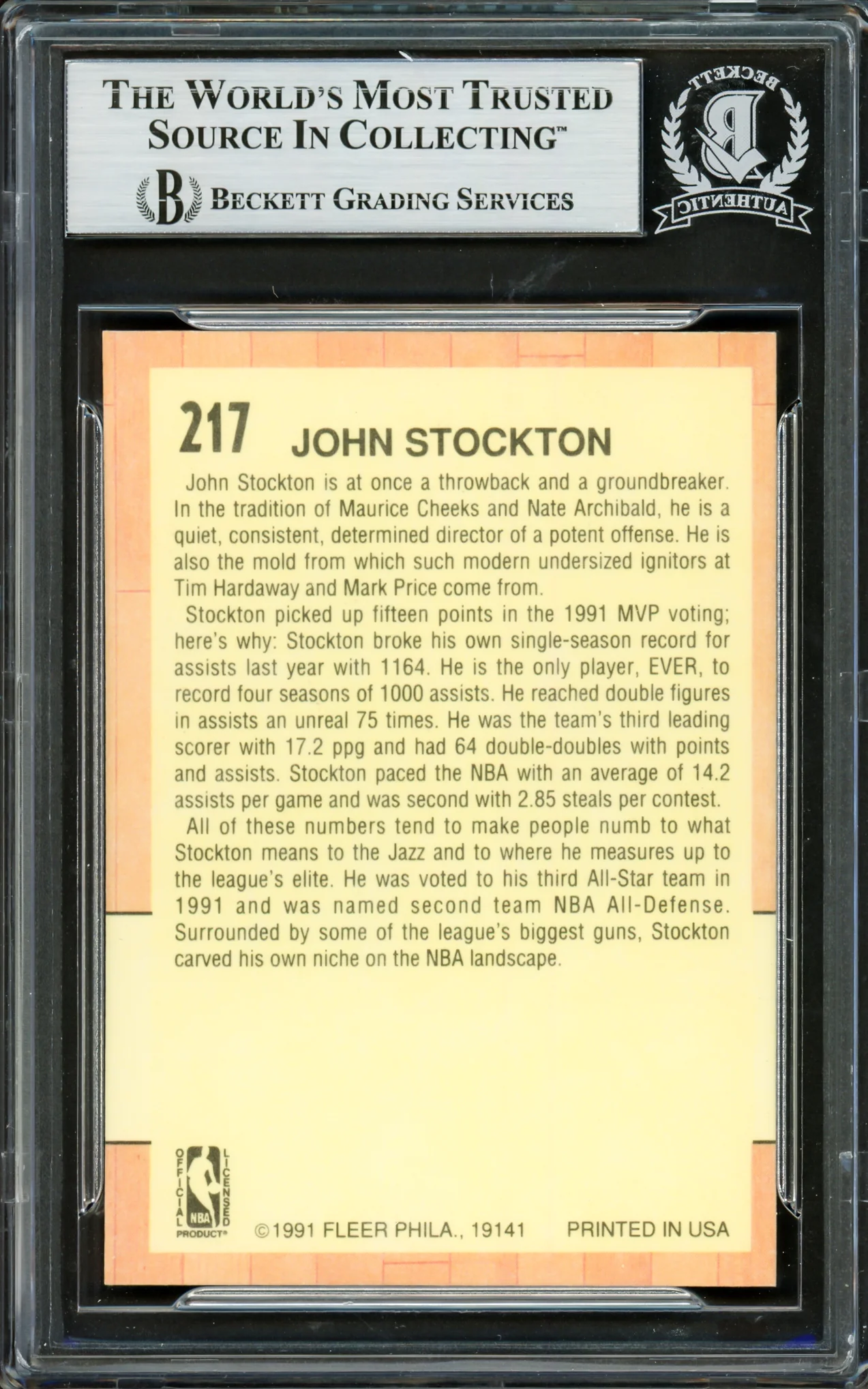 John Stockton Autographed 1991-92 Fleer Card #217 Utah Jazz Beckett BAS #16705032 - Image 2