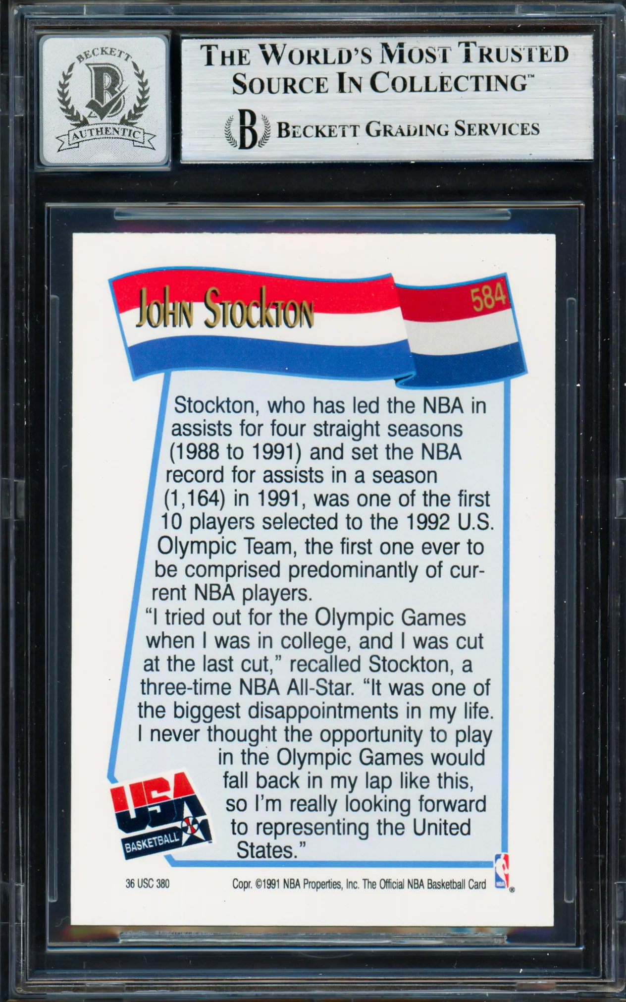 John Stockton Autographed 1991-92 Hoops Card #584 1992 USA Dream Team Auto Grade Gem Mint 10 Beckett BAS Stock #261807 - Image 2