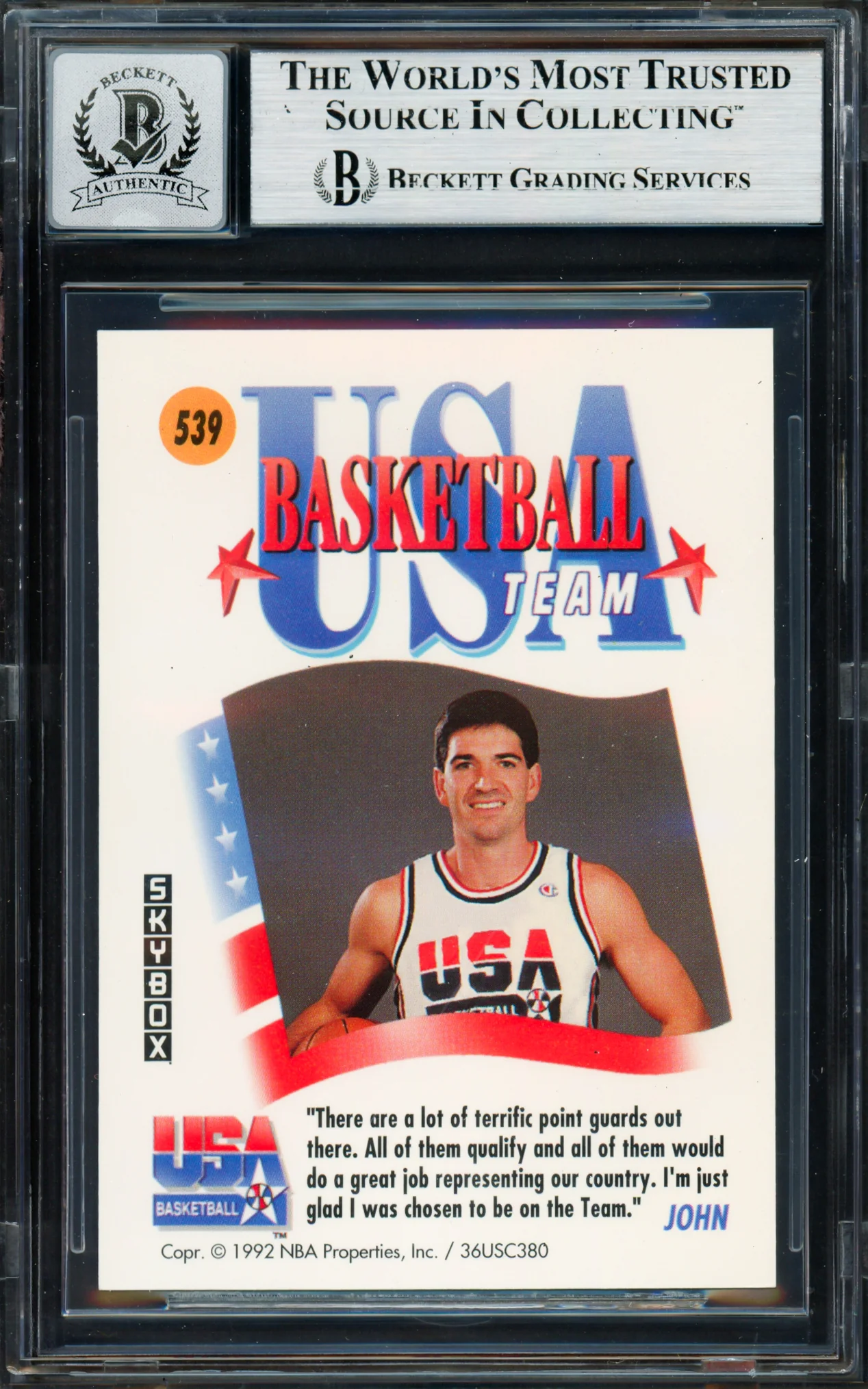 John Stockton Autographed 1991-92 Skybox Card #539 1992 USA Dream Team Auto Grade Gem Mint 10 Beckett BAS Stock #261808 - Image 2