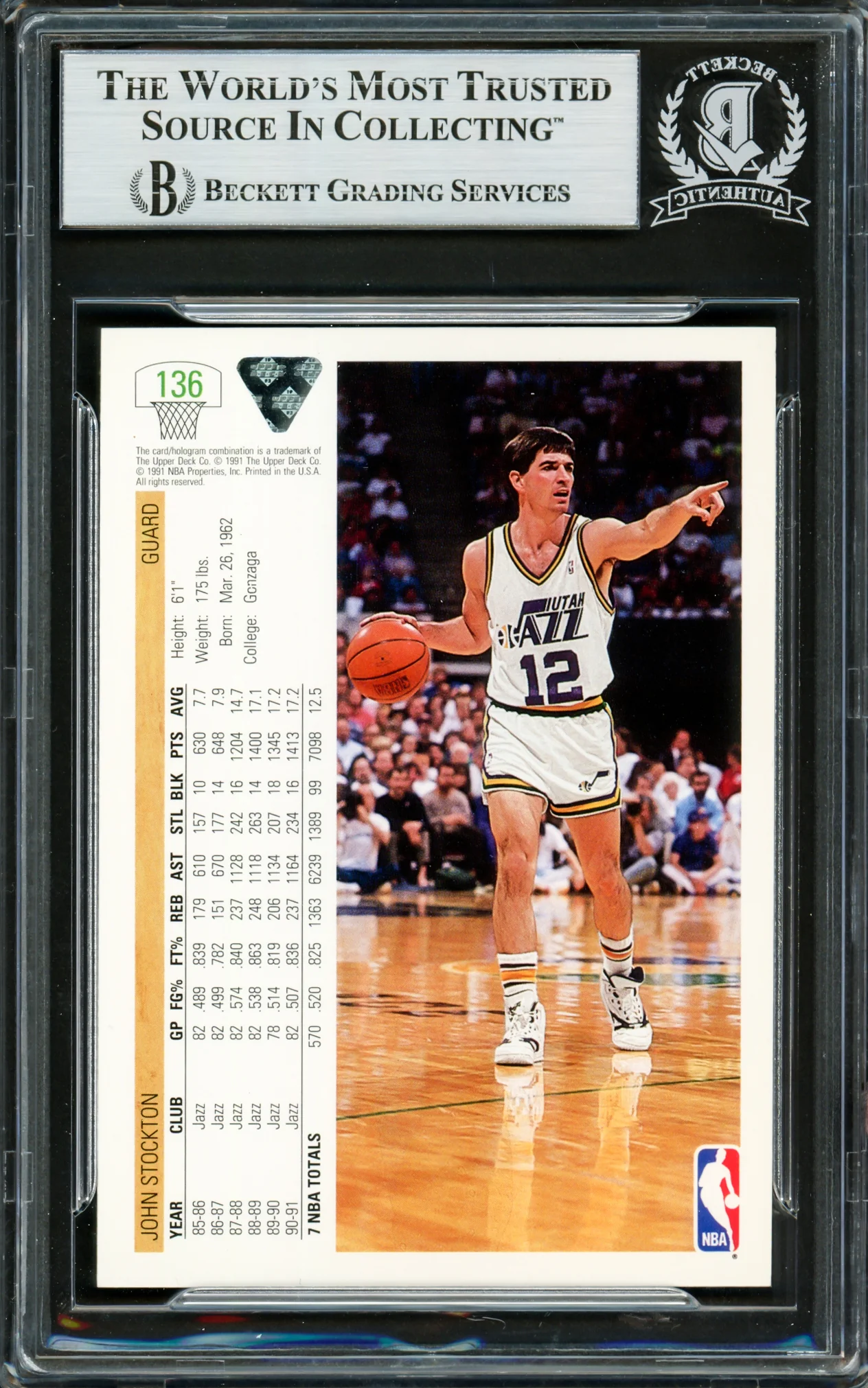 John Stockton Autographed 1991-92 Upper Deck Card #136 Utah Jazz Beckett BAS #16705043 - Image 2