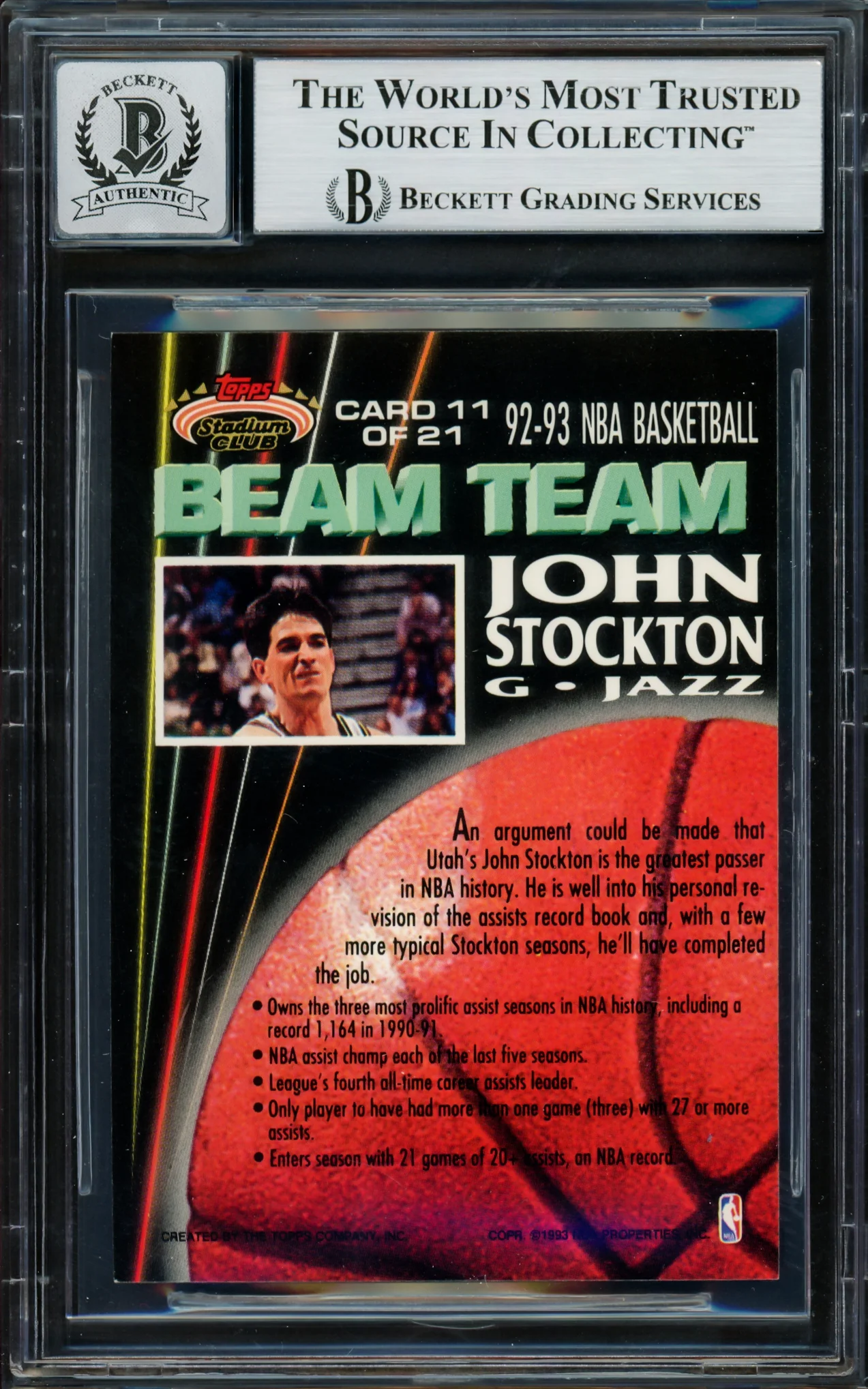 John Stockton Autographed 1992-93 Stadium Club Beam Team Card #11 Utah Jazz Auto Grade Gem Mint 10 Beckett BAS #16703535 - Image 2