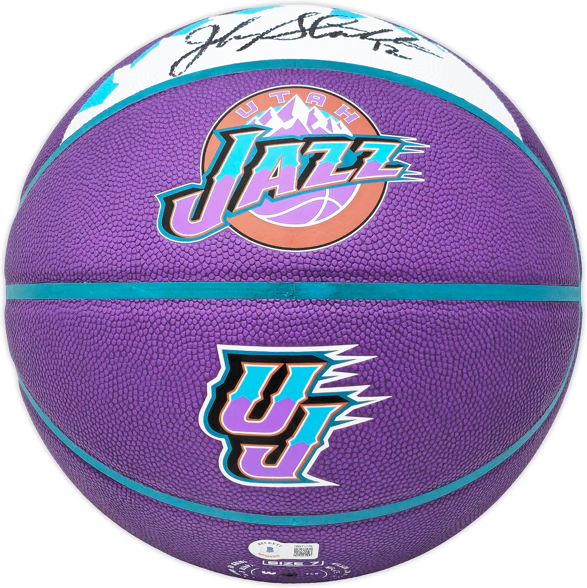 John Stockton Autographed Purple City Edition Basketball Utah Jazz With Mountains Beckett BAS Witness Stock #224372 - Image 3