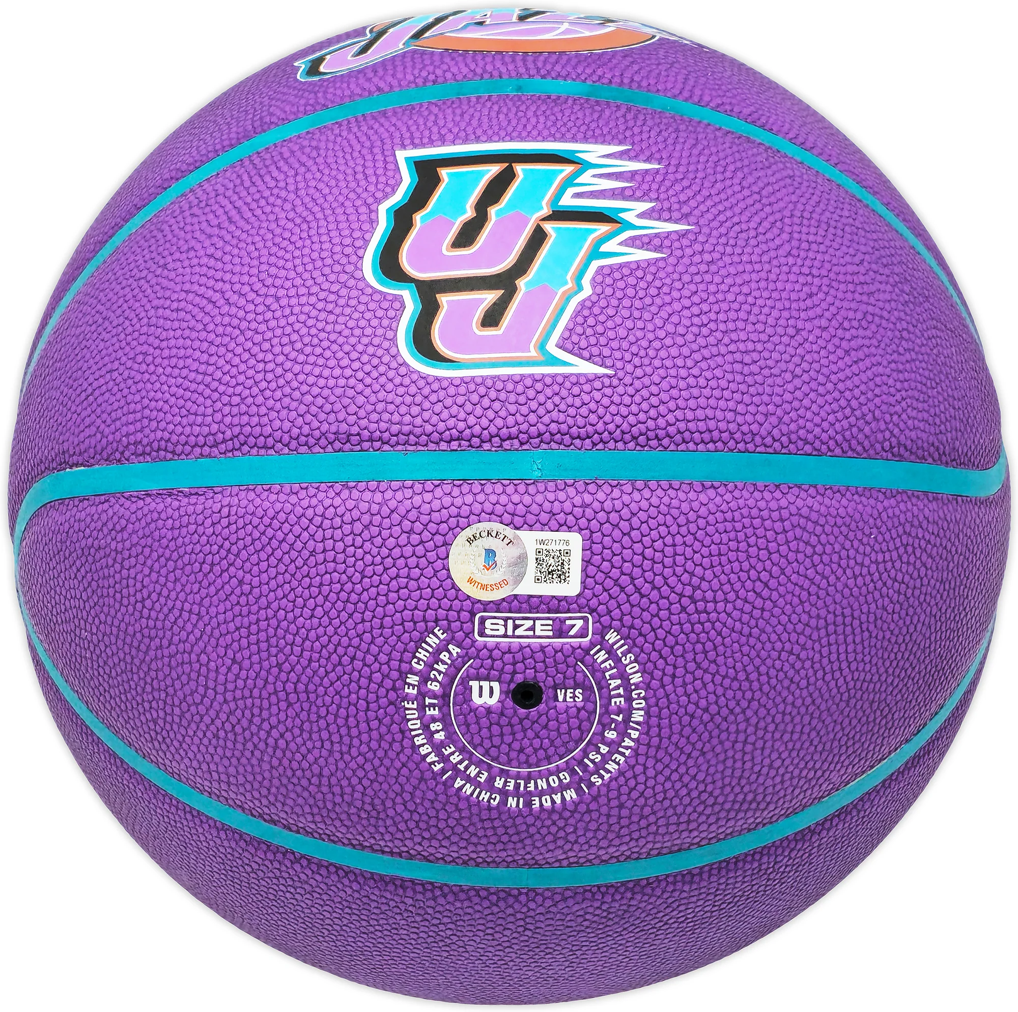 John Stockton Autographed Purple City Edition Basketball Utah Jazz With Mountains Beckett BAS Witness Stock #224372 - Image 5