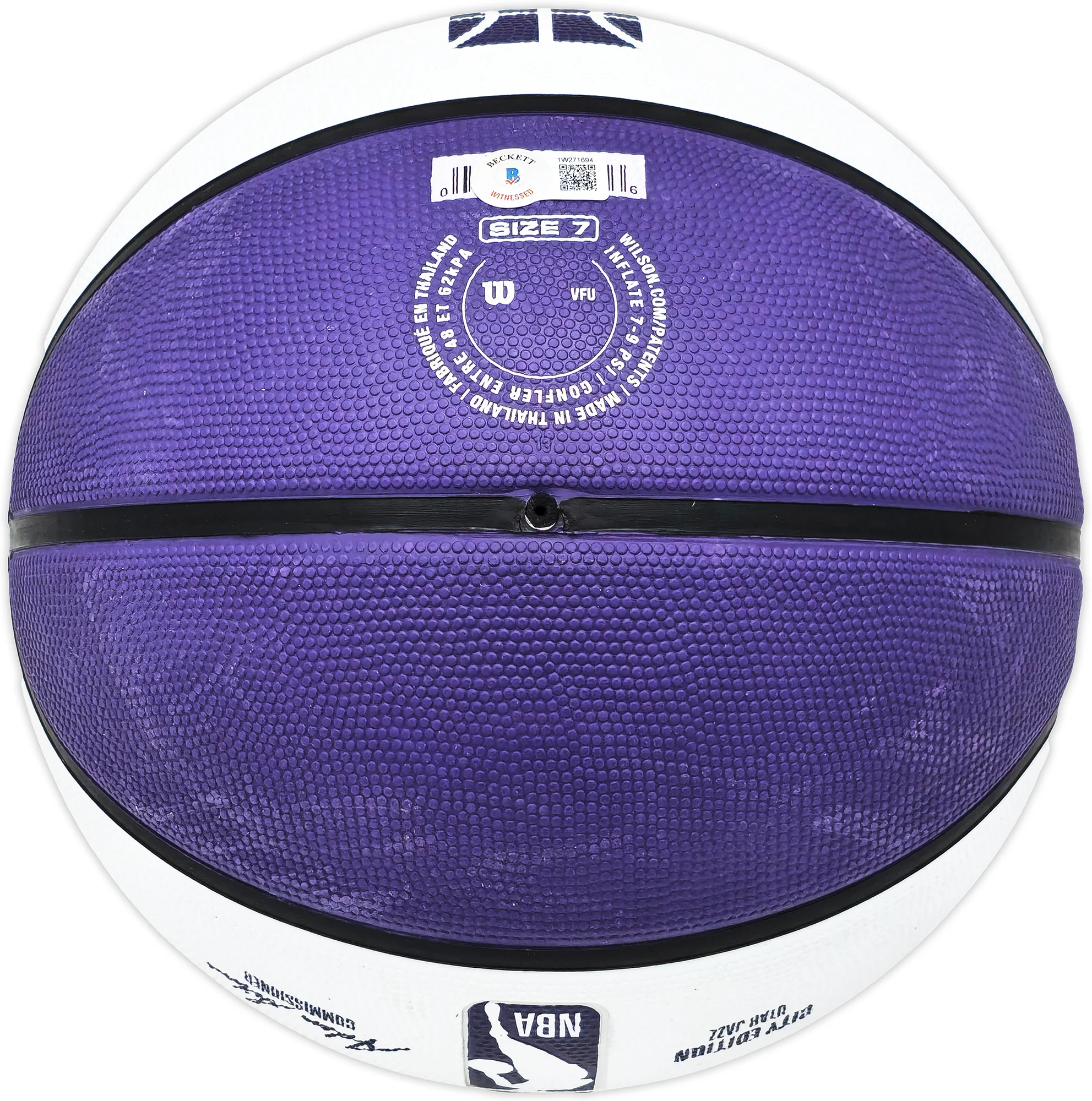 John Stockton Autographed Purple & White City Edition Basketball Utah Jazz Beckett BAS Witness Stock #224371 - Image 4