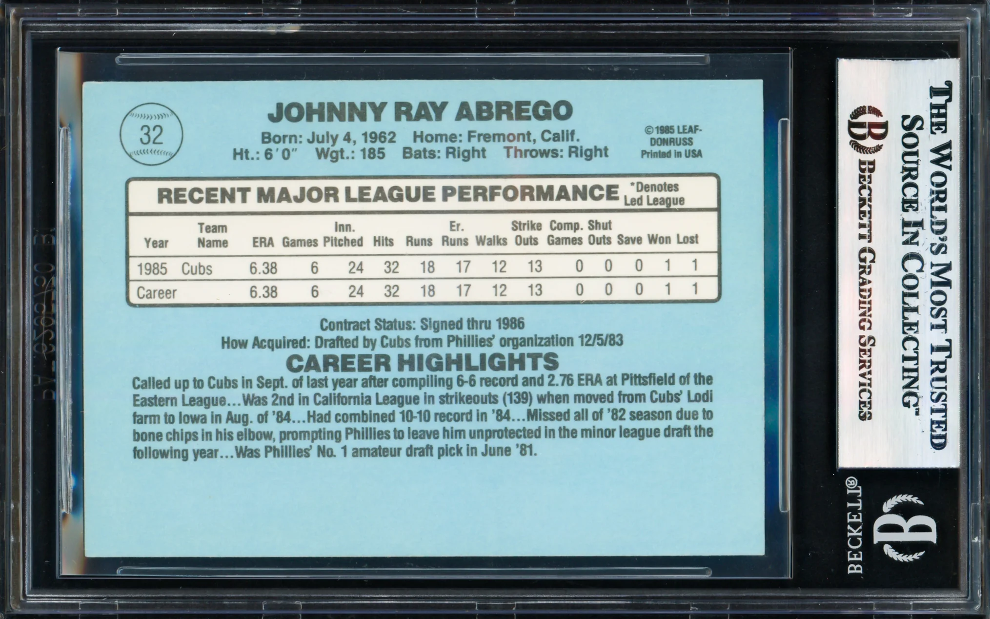 Johnny Abrego Autographed 1986 Donruss Rookie Card #32 Chicago Cubs Beckett BAS #17856352 - Image 2