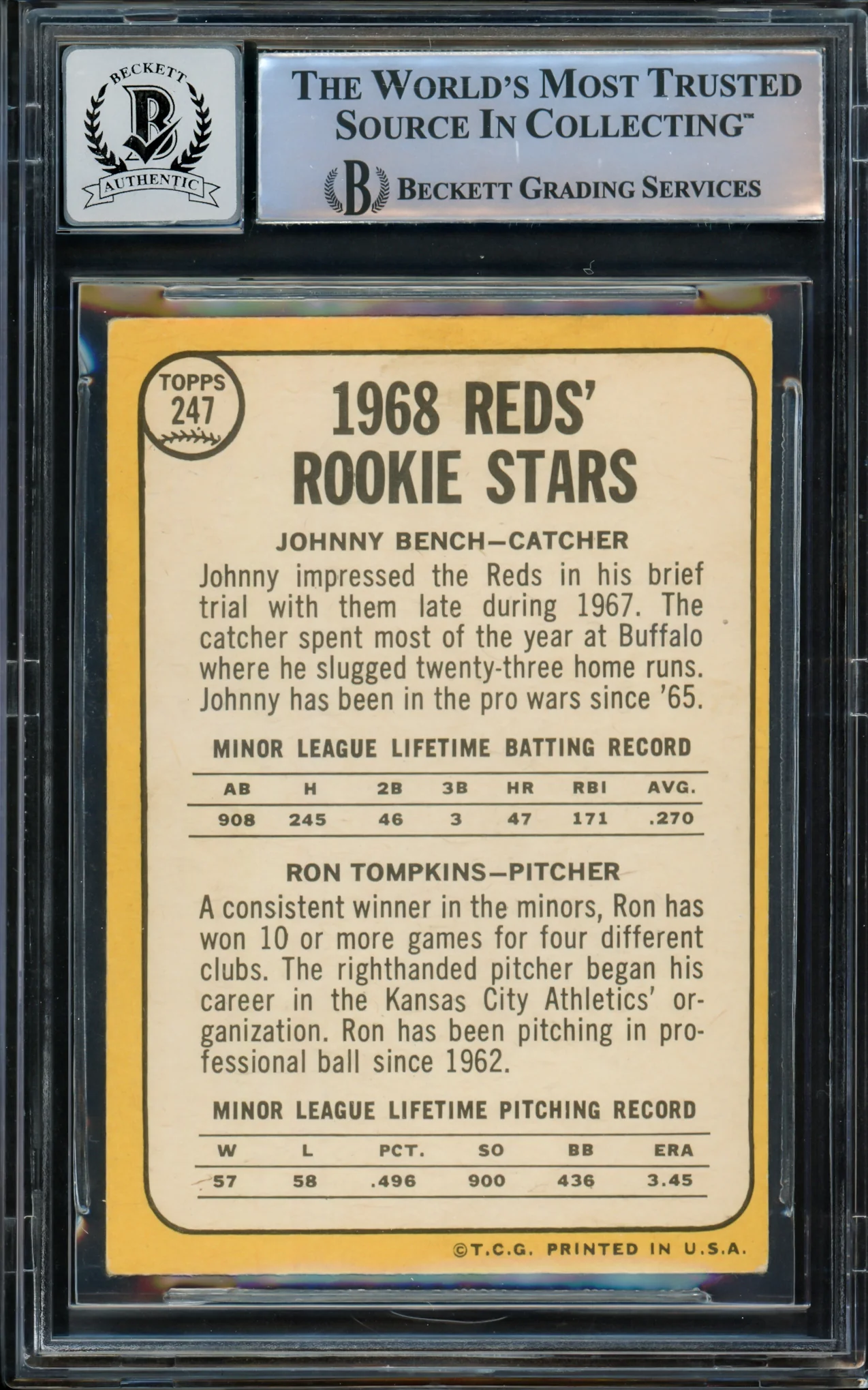 Johnny Bench Autographed 1968 Topps Rookie Card #247 Cincinnati Reds Auto Grade Gem Mint 10 Beckett BAS #14867869 - Image 2