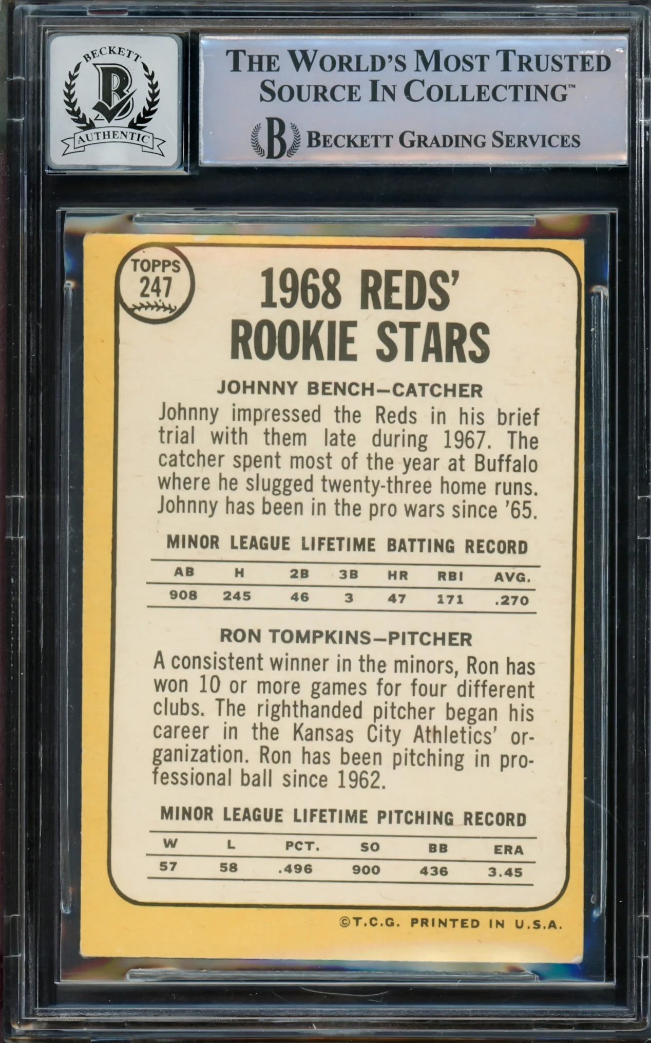 Johnny Bench Autographed 1968 Topps Rookie Card #247 Cincinnati Reds Auto Grade Gem Mint 10 Beckett BAS #14867889 - Image 2