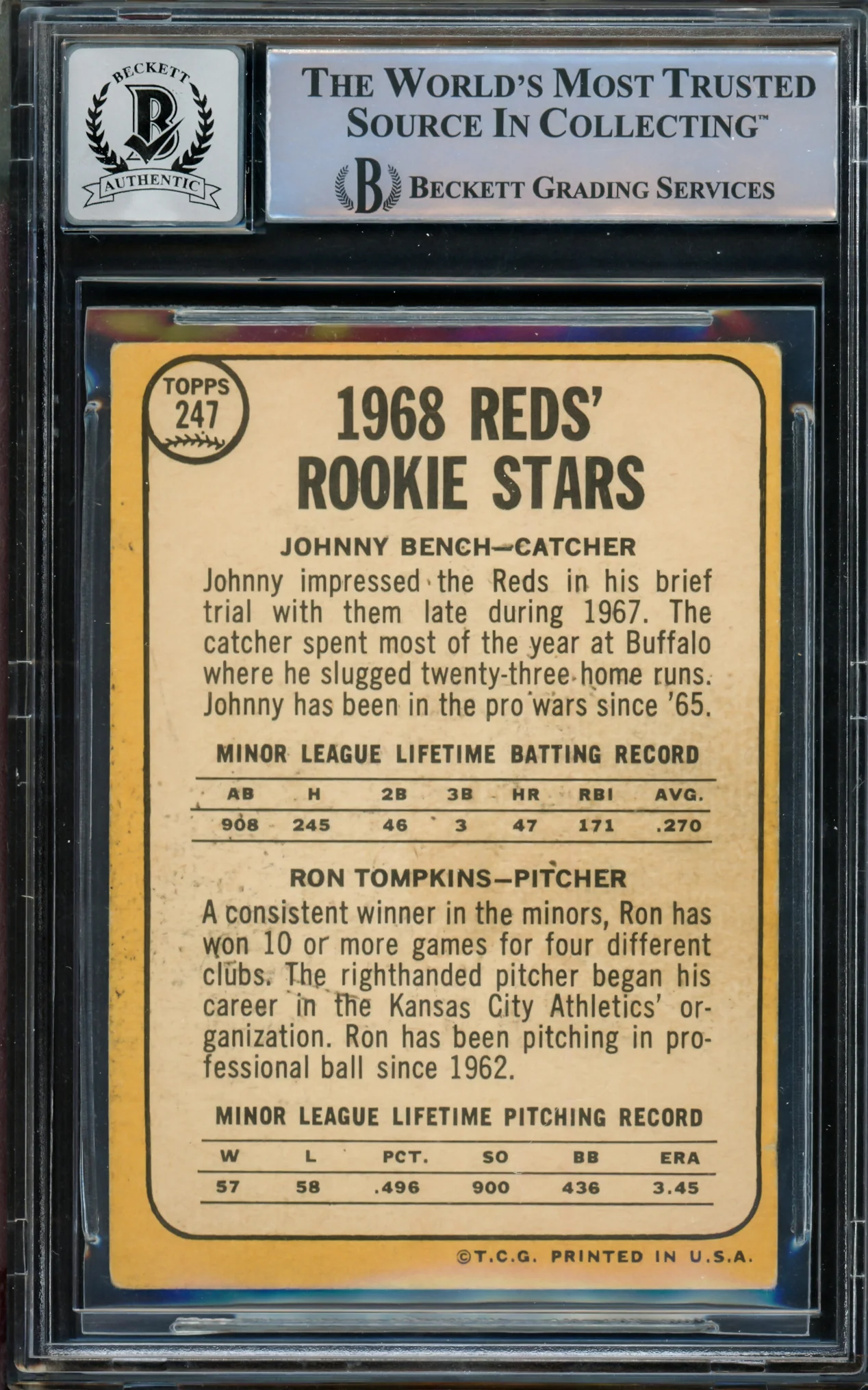 Johnny Bench Autographed 1968 Topps Rookie Card #247 Cincinnati Reds Auto Grade Gem Mint 10 Beckett BAS #14867890 - Image 2
