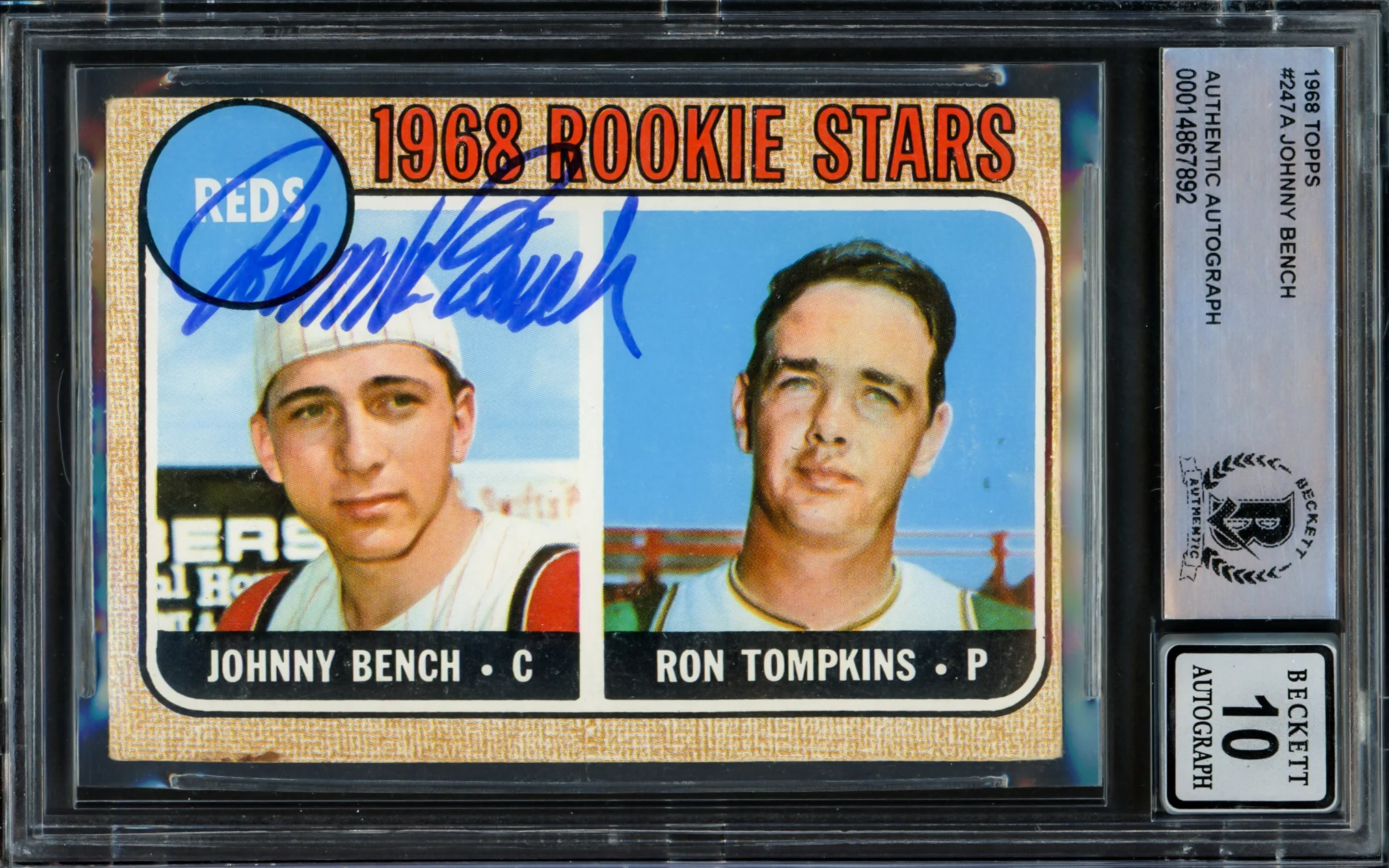 Johnny Bench Autographed 1968 Topps Rookie Card #247 Cincinnati Reds Auto Grade Gem Mint 10 Beckett BAS #14867892