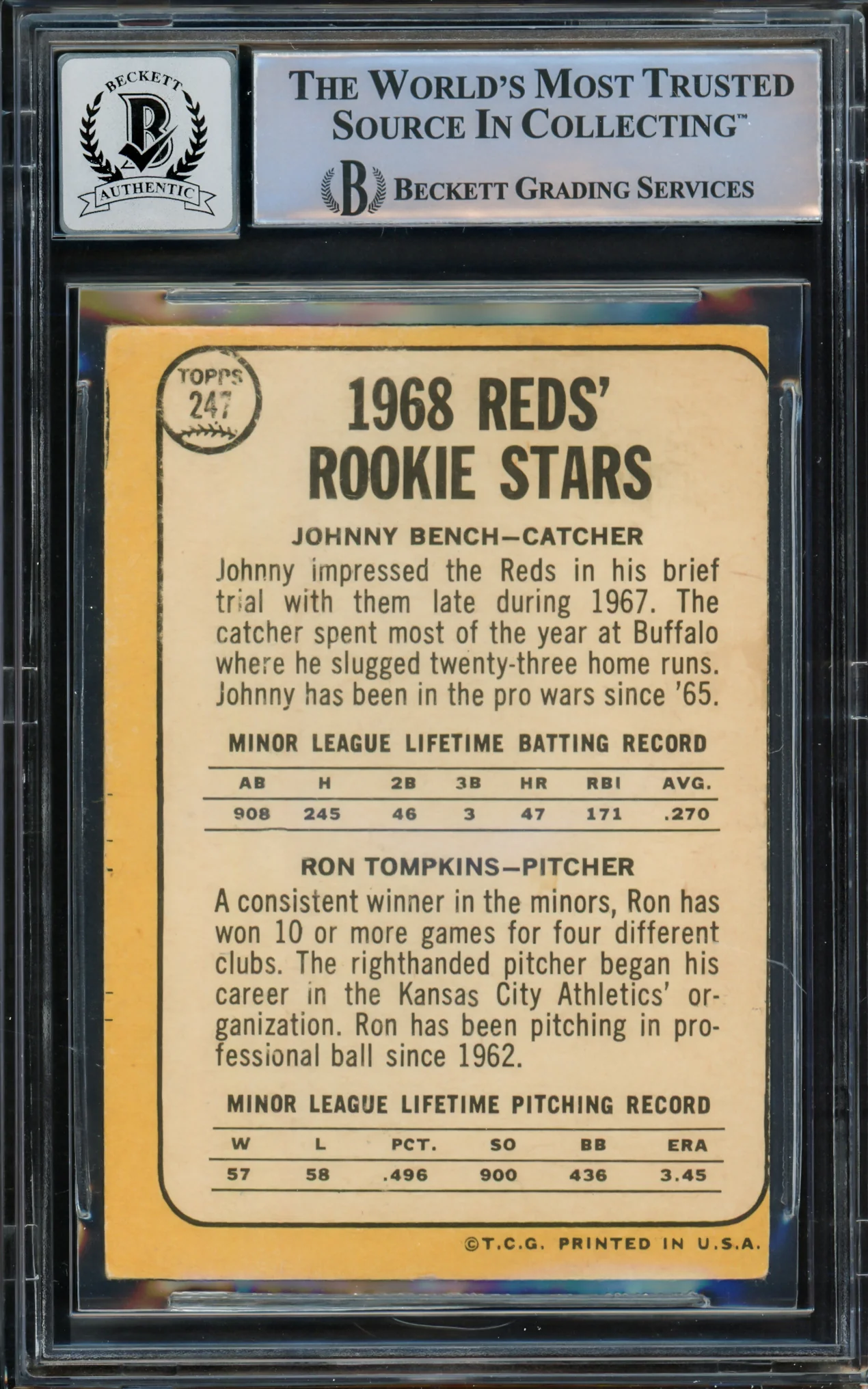 Johnny Bench Autographed 1968 Topps Rookie Card #247 Cincinnati Reds Auto Grade Gem Mint 10 Beckett BAS #14867892 - Image 2