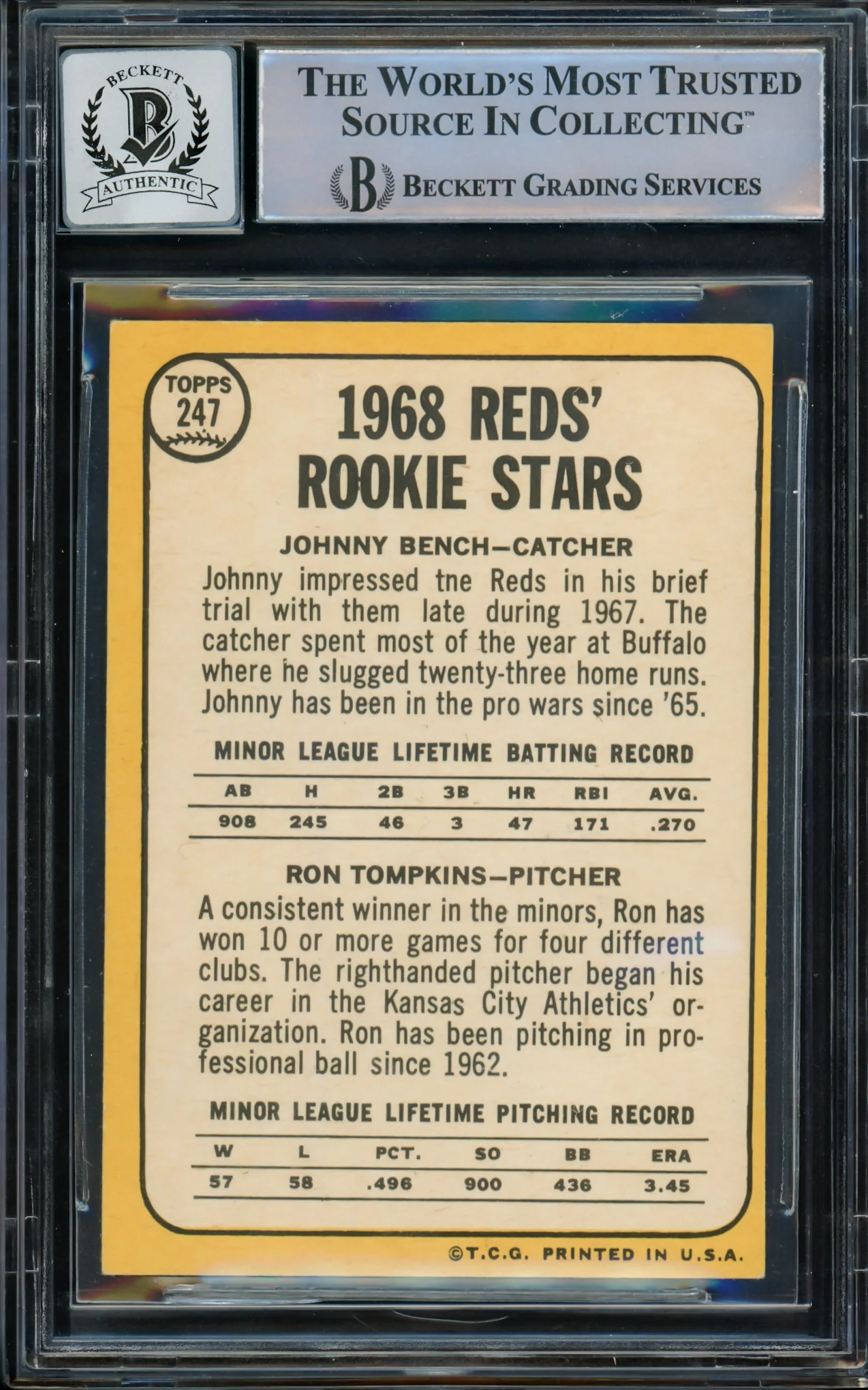 Johnny Bench Autographed 1968 Topps Rookie Card #247 Cincinnati Reds Auto Grade Gem Mint 10 Beckett BAS #14867897 - Image 2