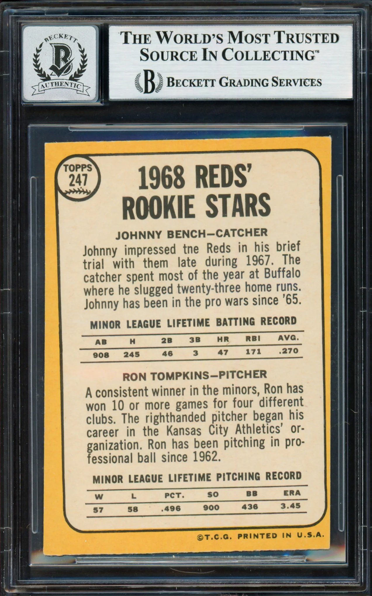 Johnny Bench Autographed 1968 Topps Rookie Card #247 Cincinnati Reds Auto Grade Gem Mint 10 Beckett BAS #18629849 - Image 2